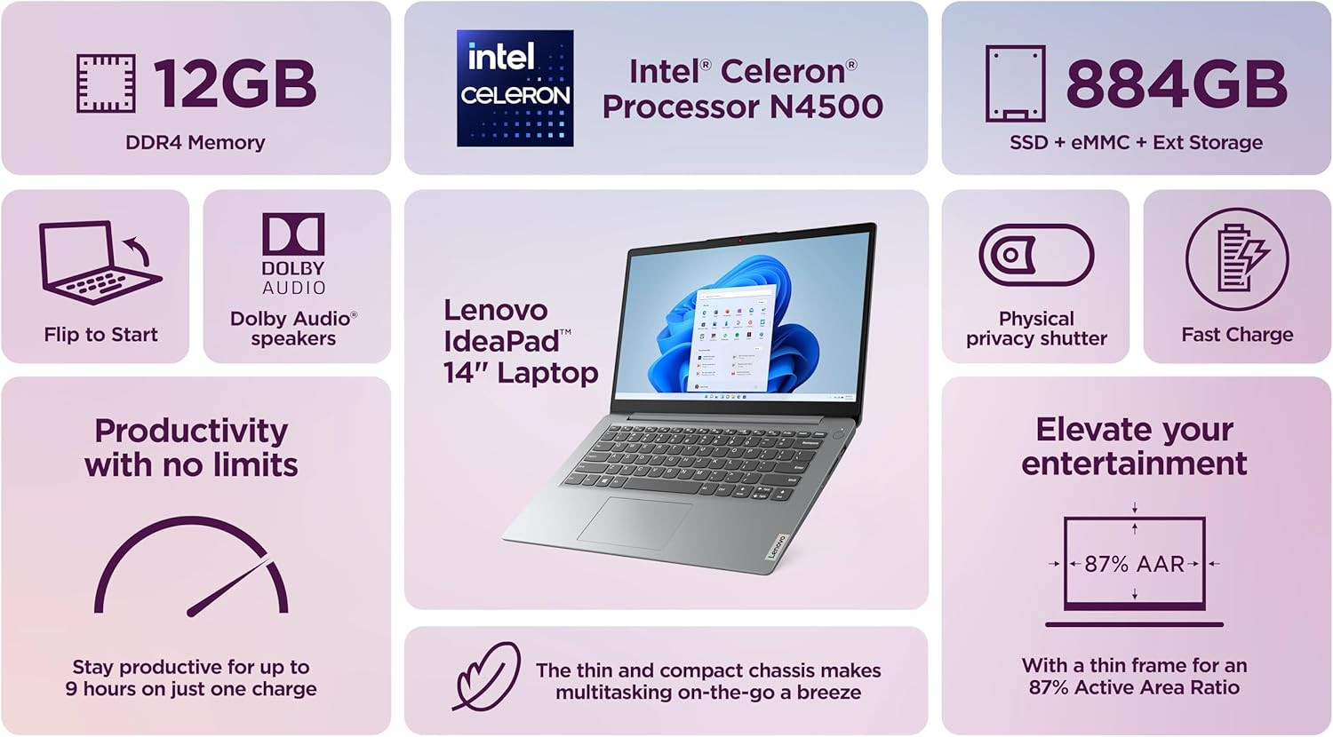 Ideapad 14″ Laptop Computer 2025, 12GB RAM, 884GB Storage (256GB SSD +128GB Emmc