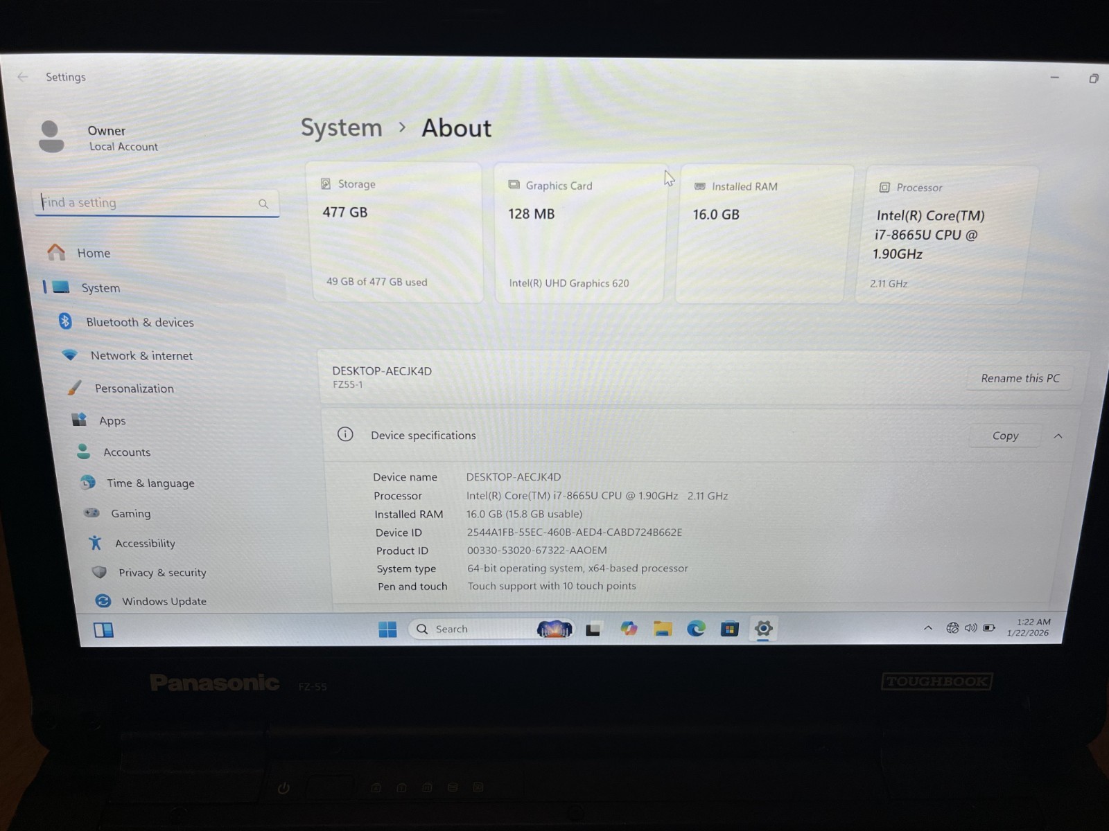 Panasonic Toughbook FZ-55 Core i7-8665u 1.90GHz 16GB 512 M.2 SSD,W11 TouchScreen