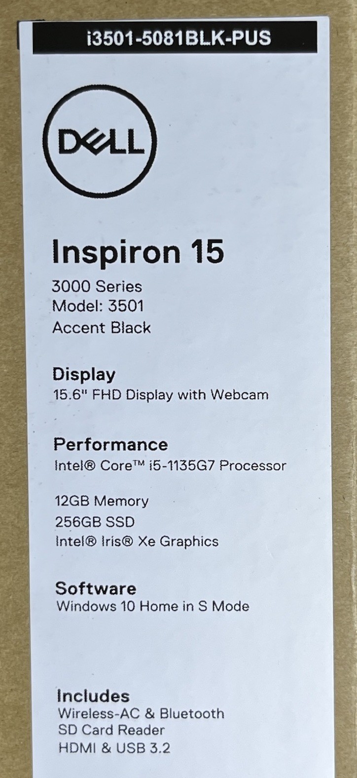 Dell Inspiron 15 3501 15.6” FHD Laptop 256GB Intel i5 i3501-5081BLK-PUS NIB
