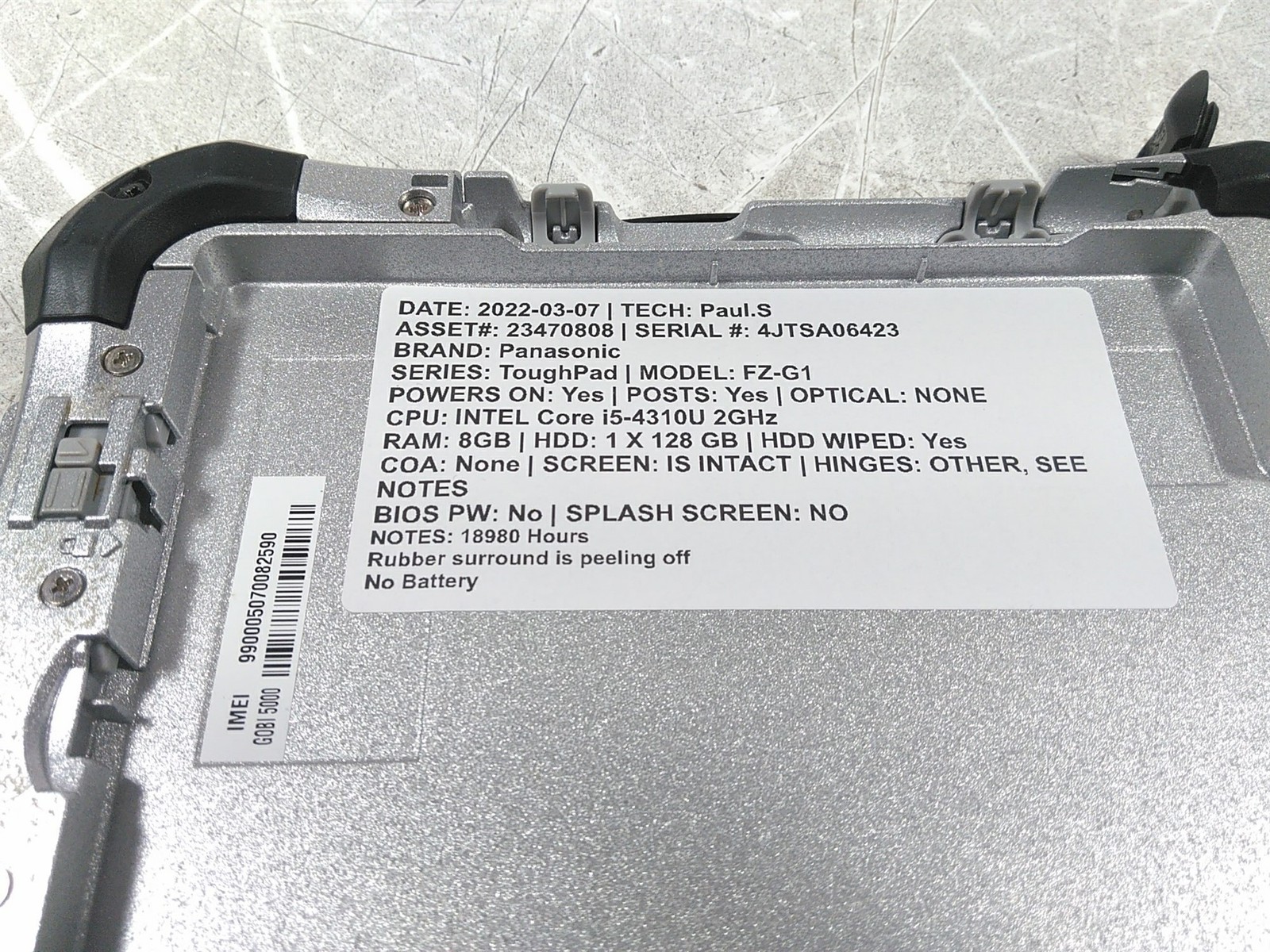 Panasonic Toughpad FX-G1FA3GFCM Core i5-4310U 2GHz 8GB 128GB No Battery No PSU