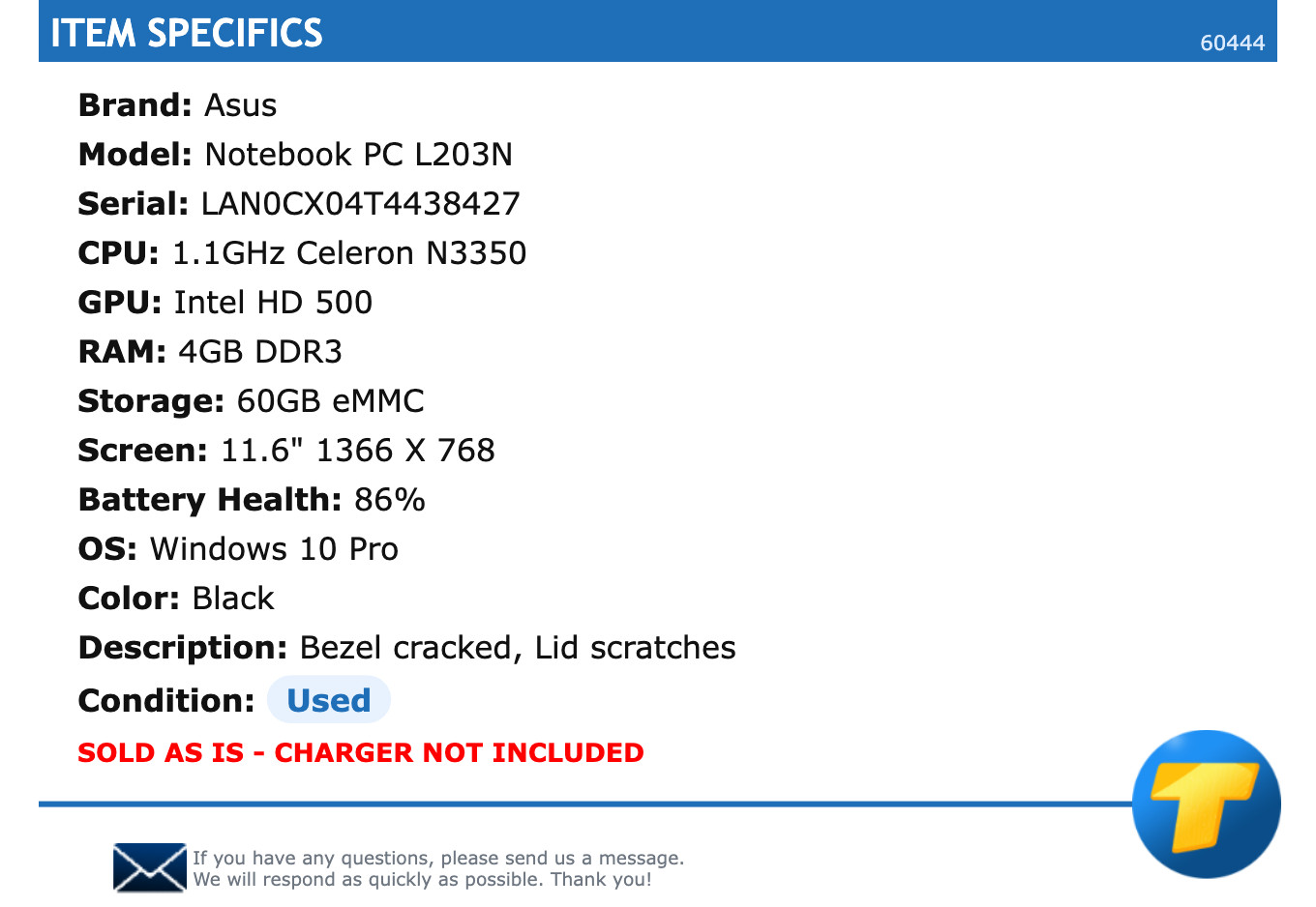 Asus Notebook PC L203N – 11.6″ HD, 1.1GHz Celeron, 4GB RAM, 60GB eMMC