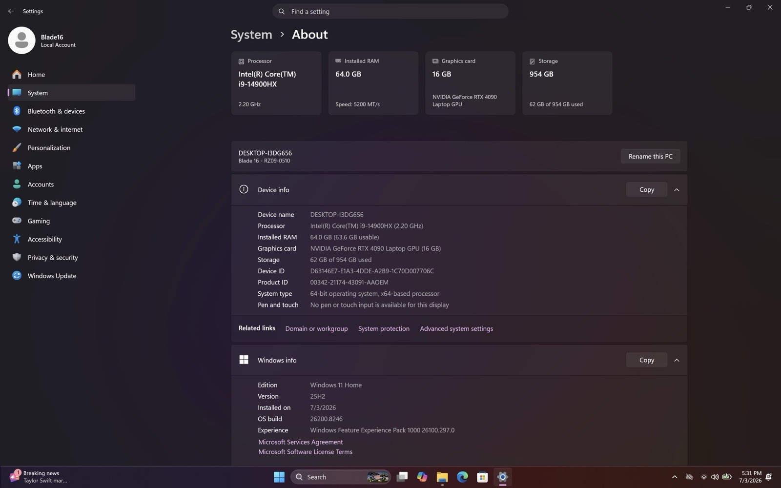Razer Blade 16 (2024) OLED I9-14900HX/RTX 4090 64GB RAM