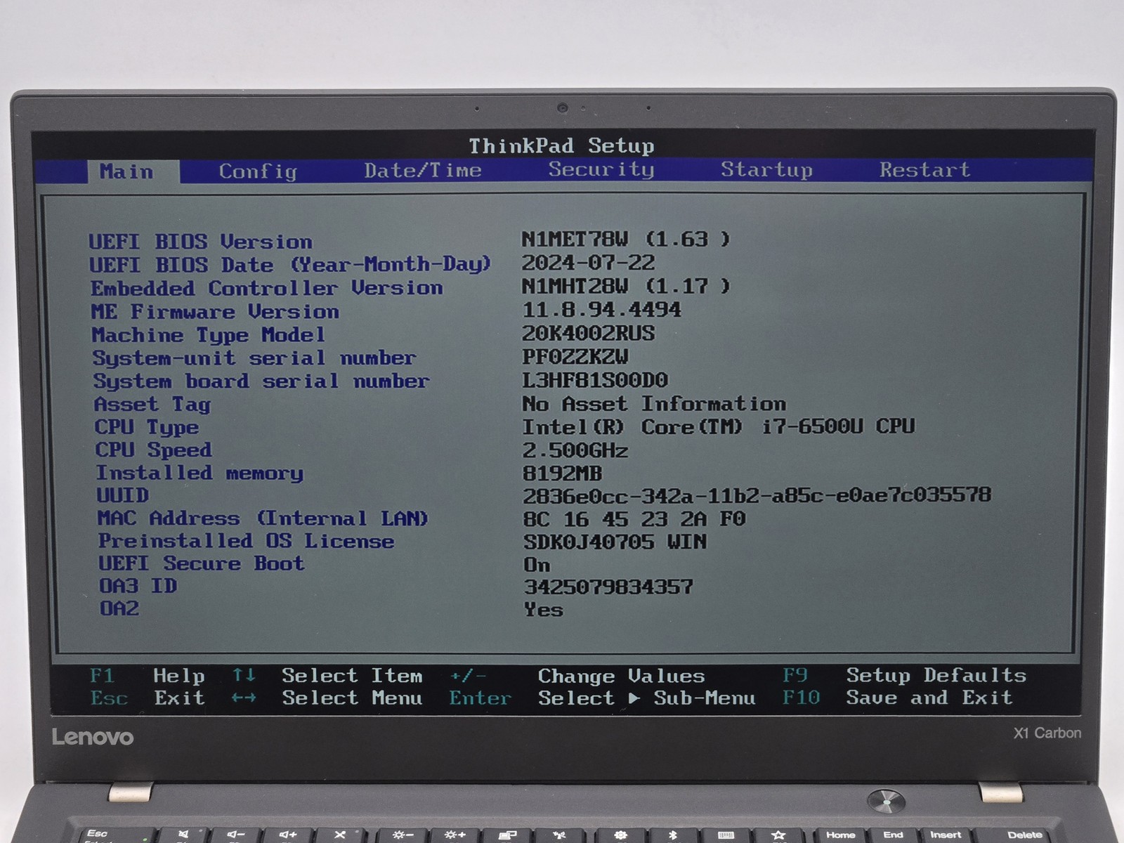 Lenovo ThinkPad X1 Carbon 5th Gen 14″ FHD I7-6500U 256GB SSD 8GB W10P Webcam