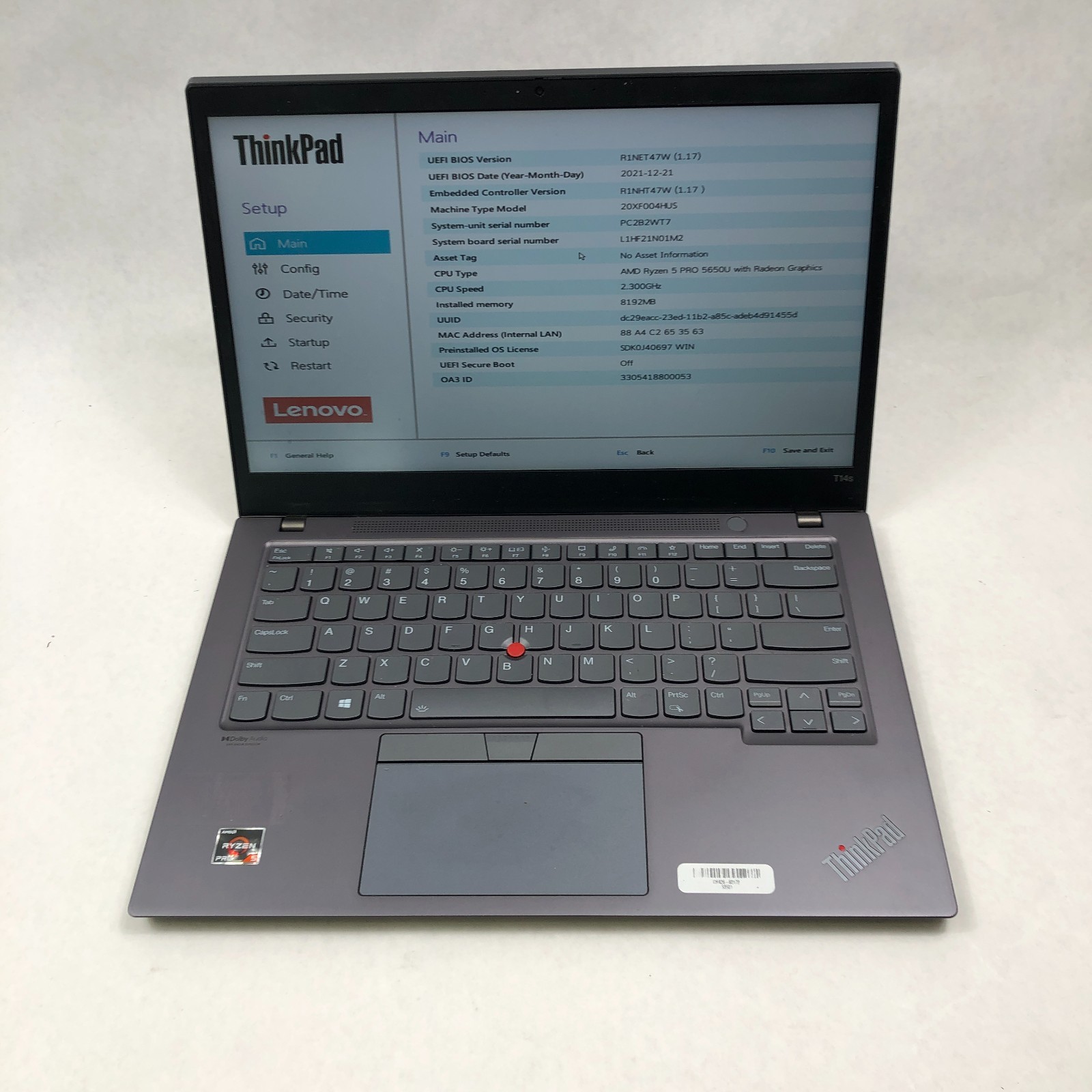 Lenovo ThinkPad T14s Gen 2 AMD Ryzen 5 PRO 5650U 8GB RAM 256GB SSD NO OS
