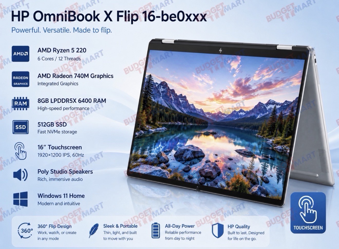 HP OmniBook X Flip 16″ 2-in-1 Touch Screen (Ryzen 5 220, 8GB/512GB SSD)