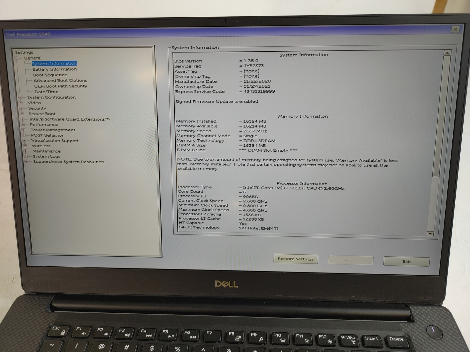 Dell Precision 5540 Core i7-9850U 2.60 GHz 16 GB DDR4 No HDD