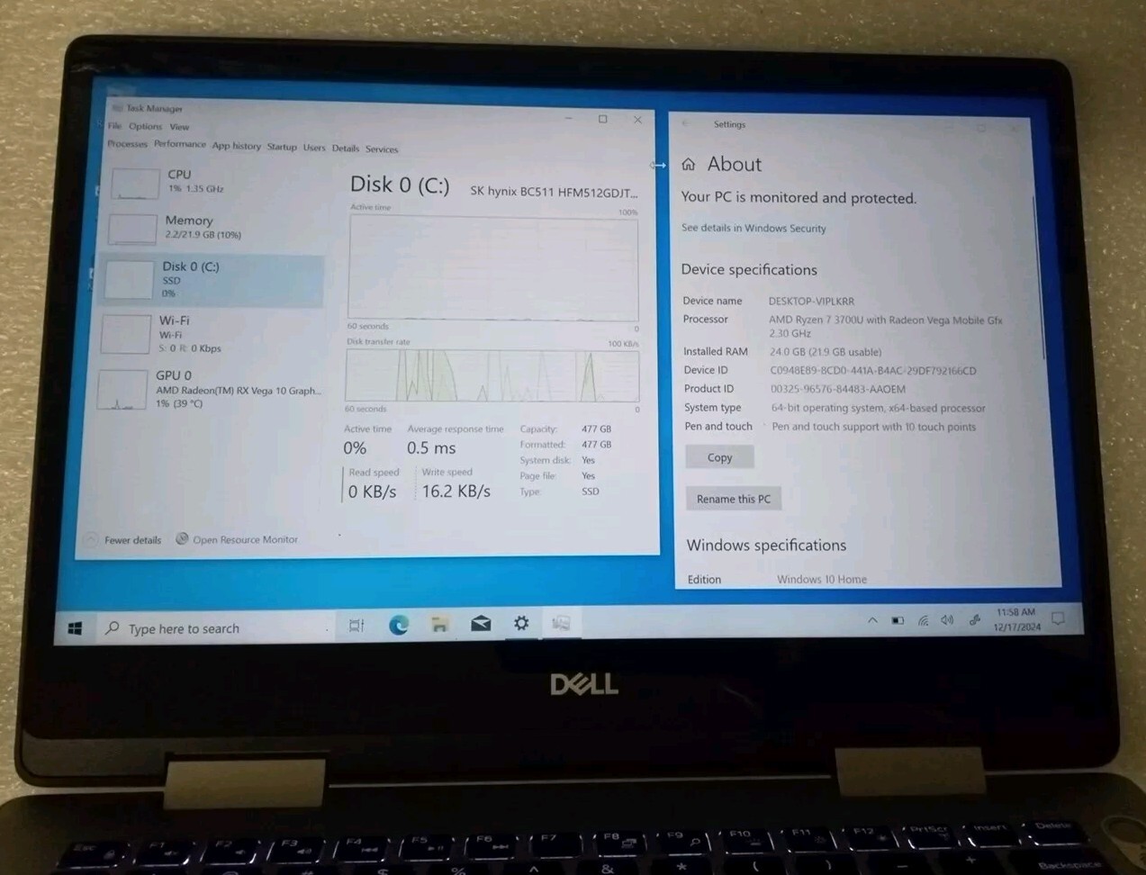Dell inspiron 5485 14″ Touch Laptop/AMD Ryzen 7-3700U/24GB Ram/512 Gb