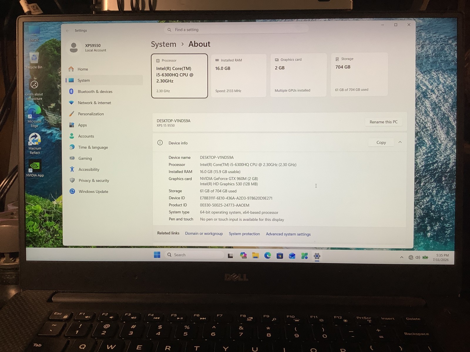 Dell XPS 9550, Gaming-GTX 960M, i5 6300HQ, 16 GB – 256 NVMe + 500 HDD Win 11 Pro