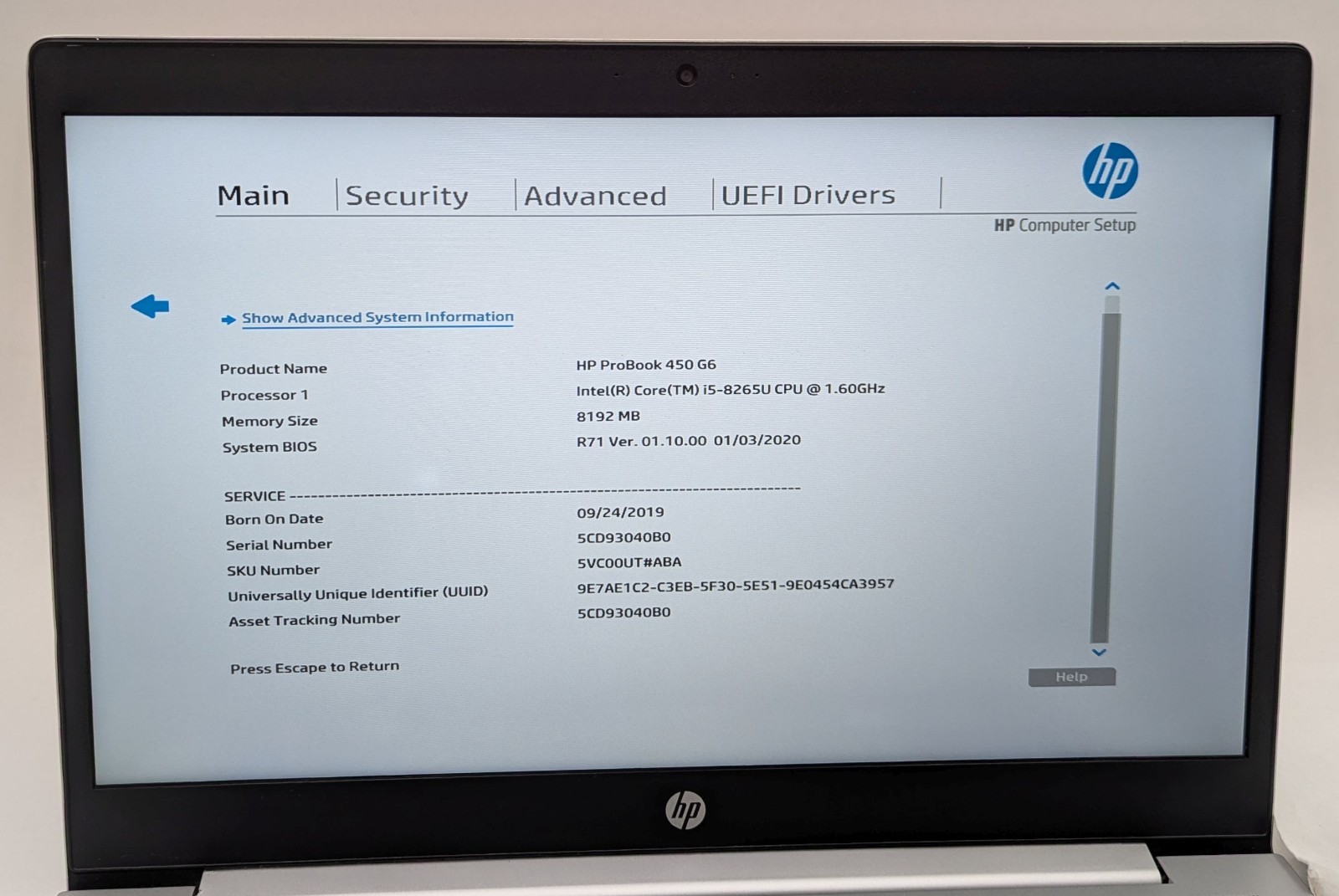 Incomplete HP ProBook 450 G6 15.6″ Laptop Intel Core i5-8265U 1.60GHz 8GB RAM