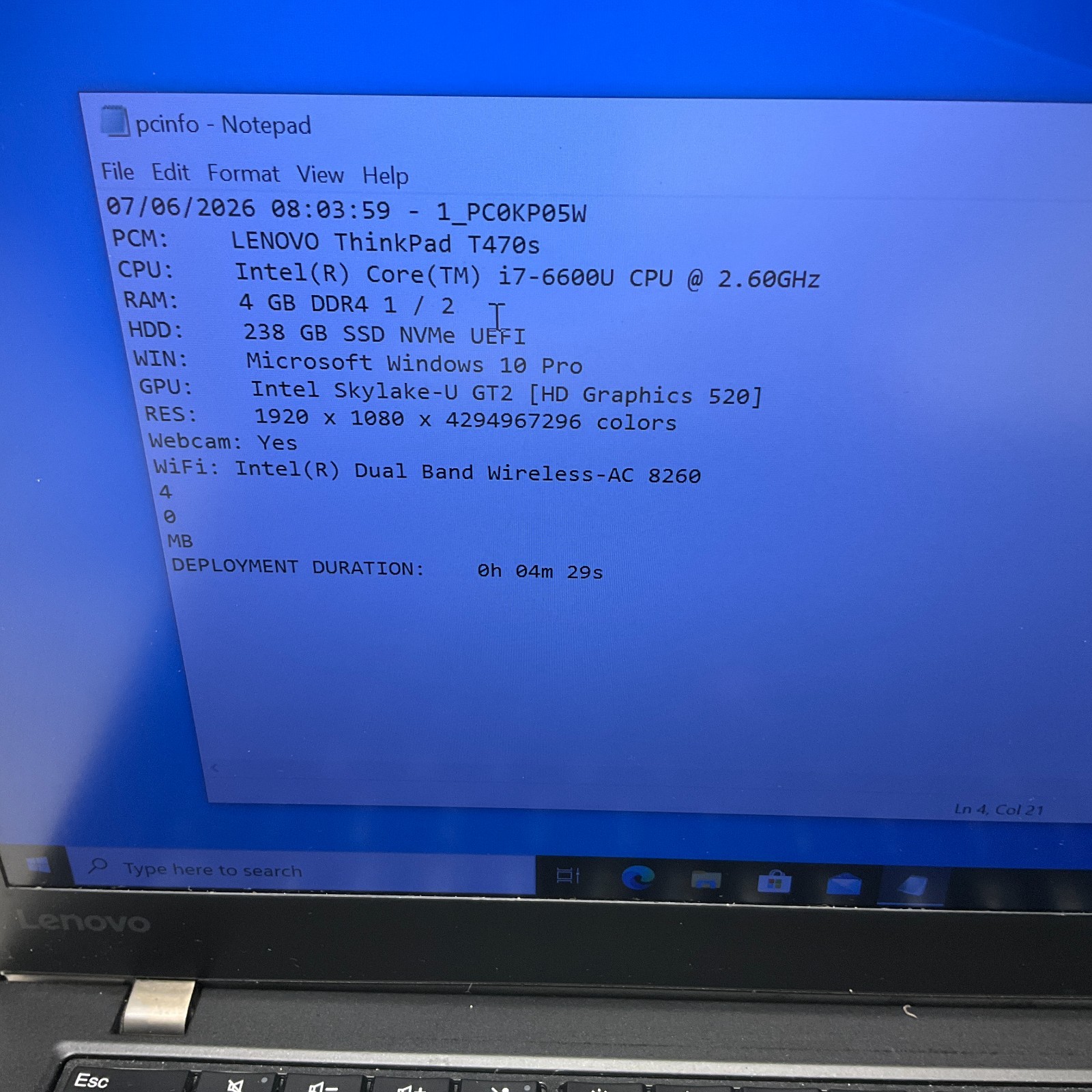 Lenovo Thinkpad T470s Laptop Intel i7-7600U @ 2.80 GHz 4GB 256GB SSD Win 10 Pro