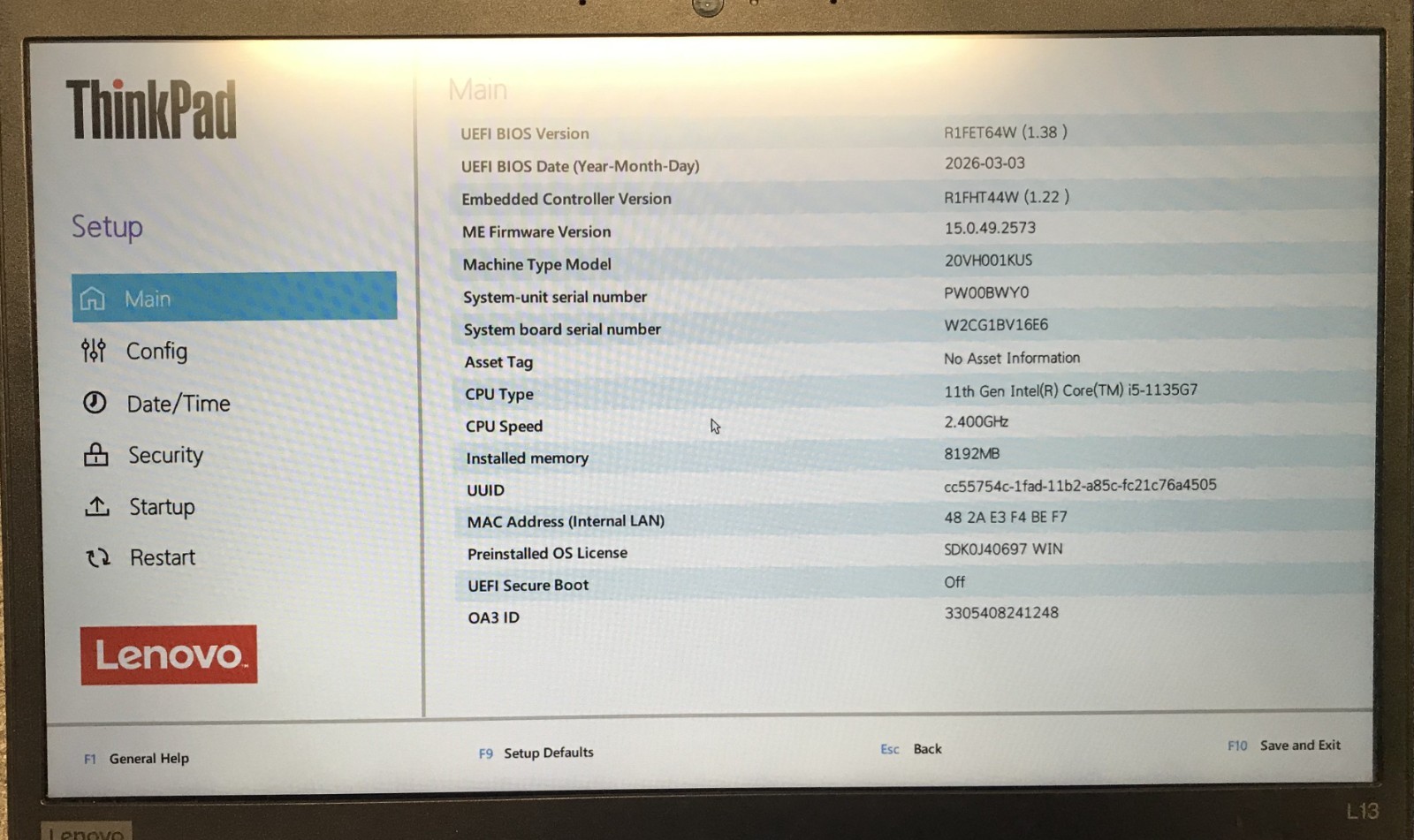 Lenovo ThinkPad L13 Gen 2 13.3″ Laptop i5-1135G7 8GB RAM 256GB NVMe, As Is