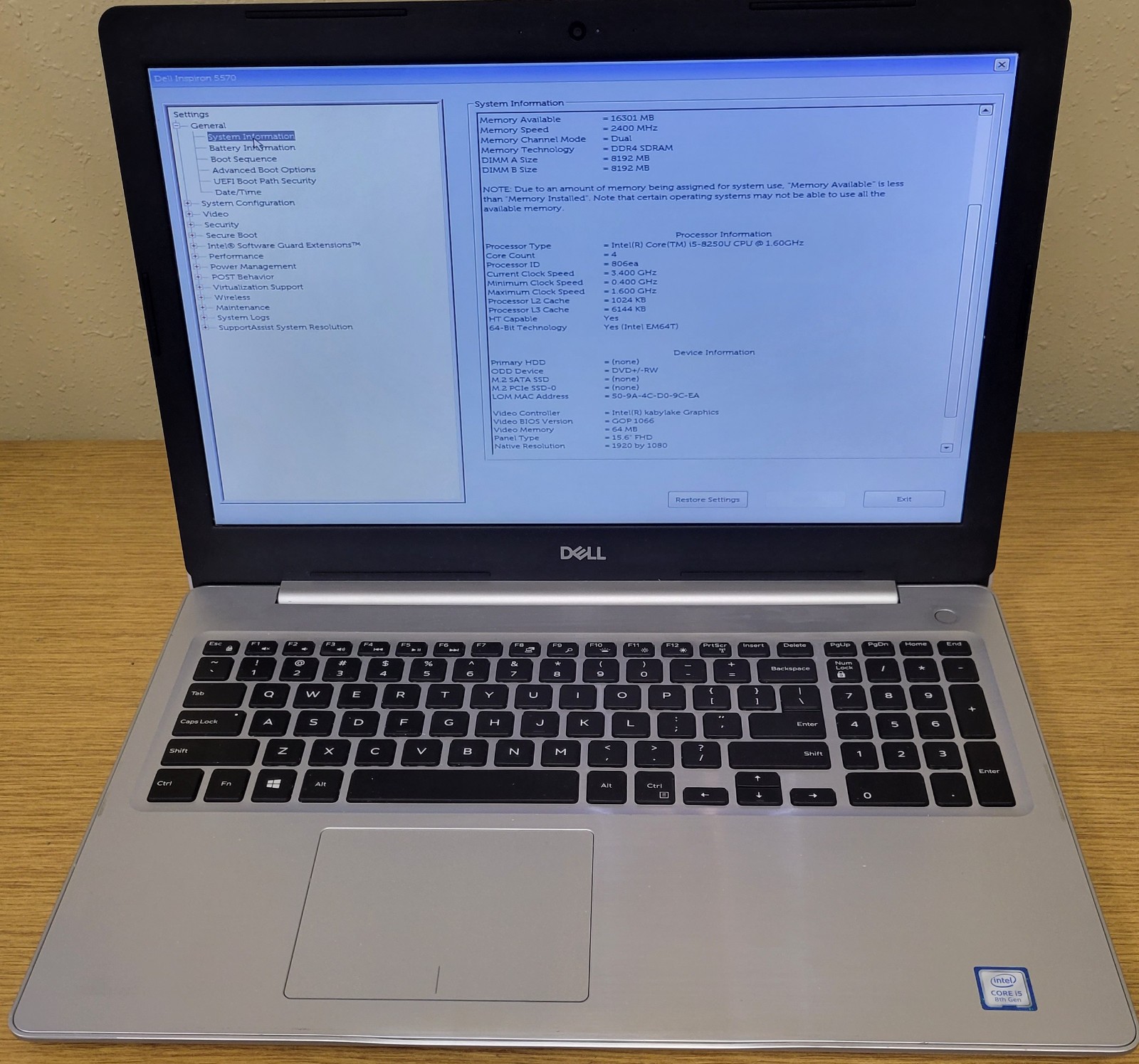 Dell Inspiron 5570 i5-8250U 1.60GHz 16GB 15.6″ TS No OS/SSD/HDD