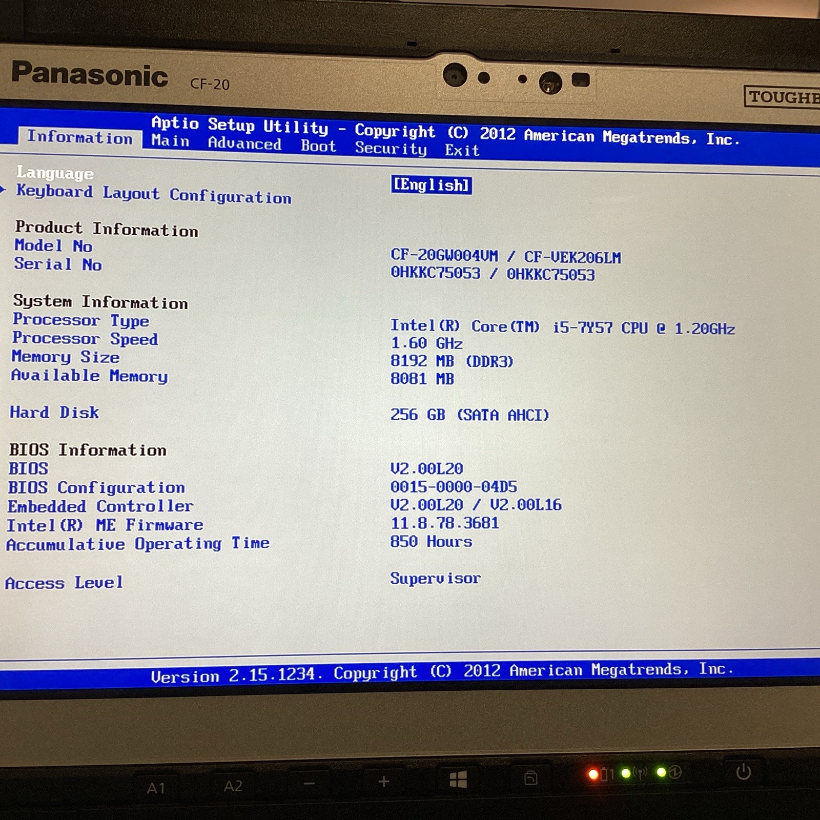 Panasonic ToughBook CF-20 | i5-7Y57 1.20GHz | 8GB Ram | 256GB | No OS/CHARGER