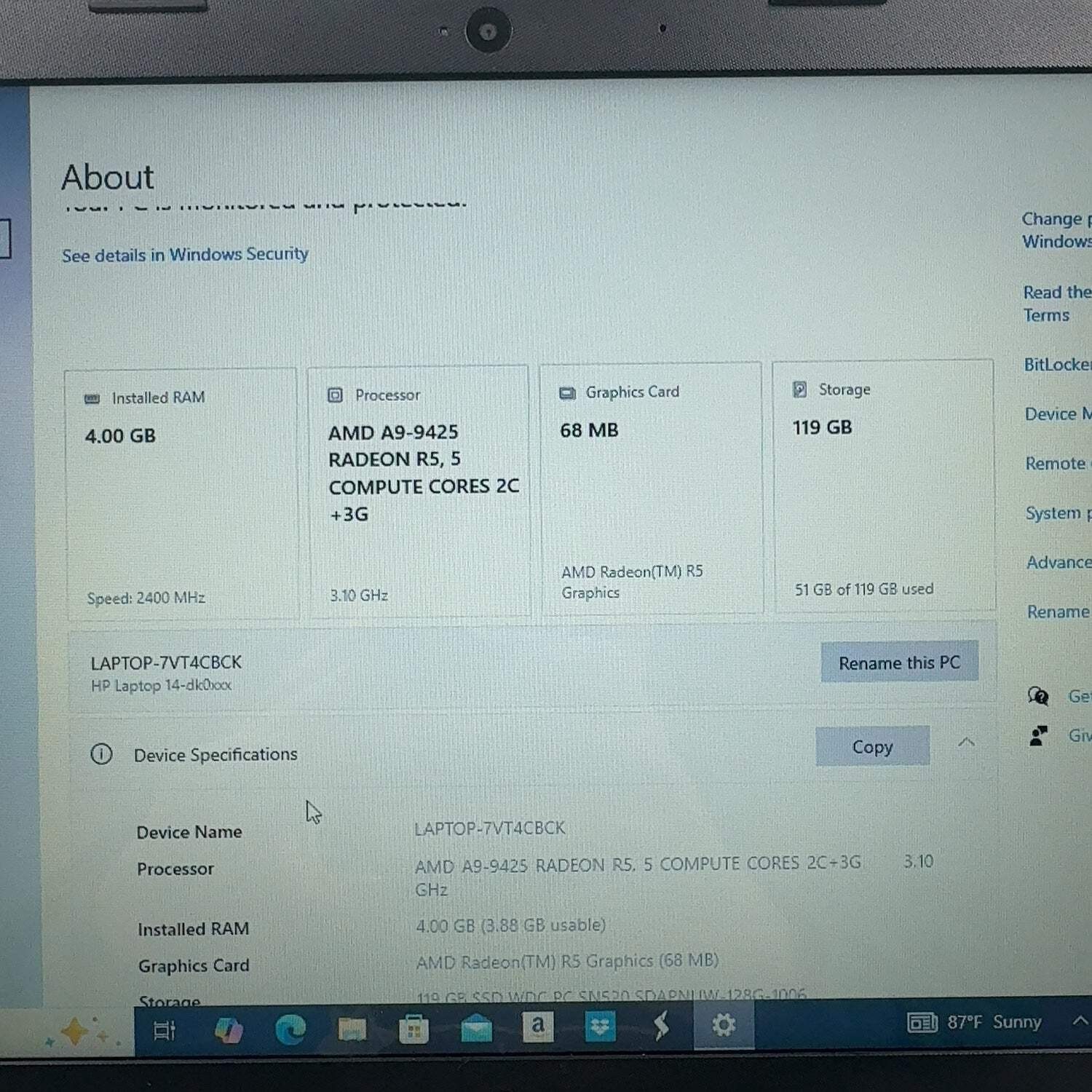 HP NoteBook 14-dk0002dx A9-9425 3.10 4GB RAM 128GB SSD