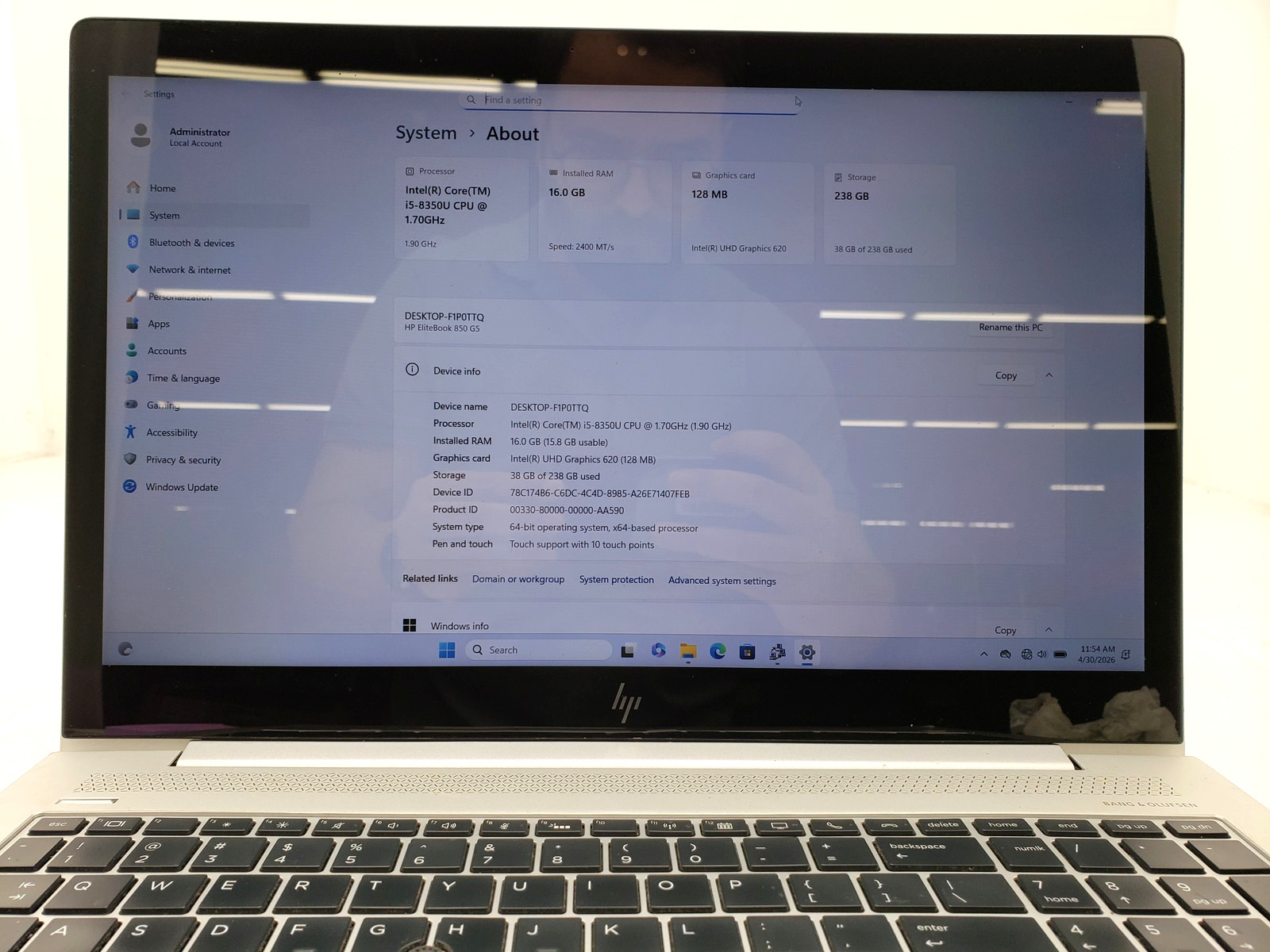 HP EliteBook 850 G5 i5-8350 16GB Ram 256GB SSD Touchscreen Backlit KB Win 11 Pro