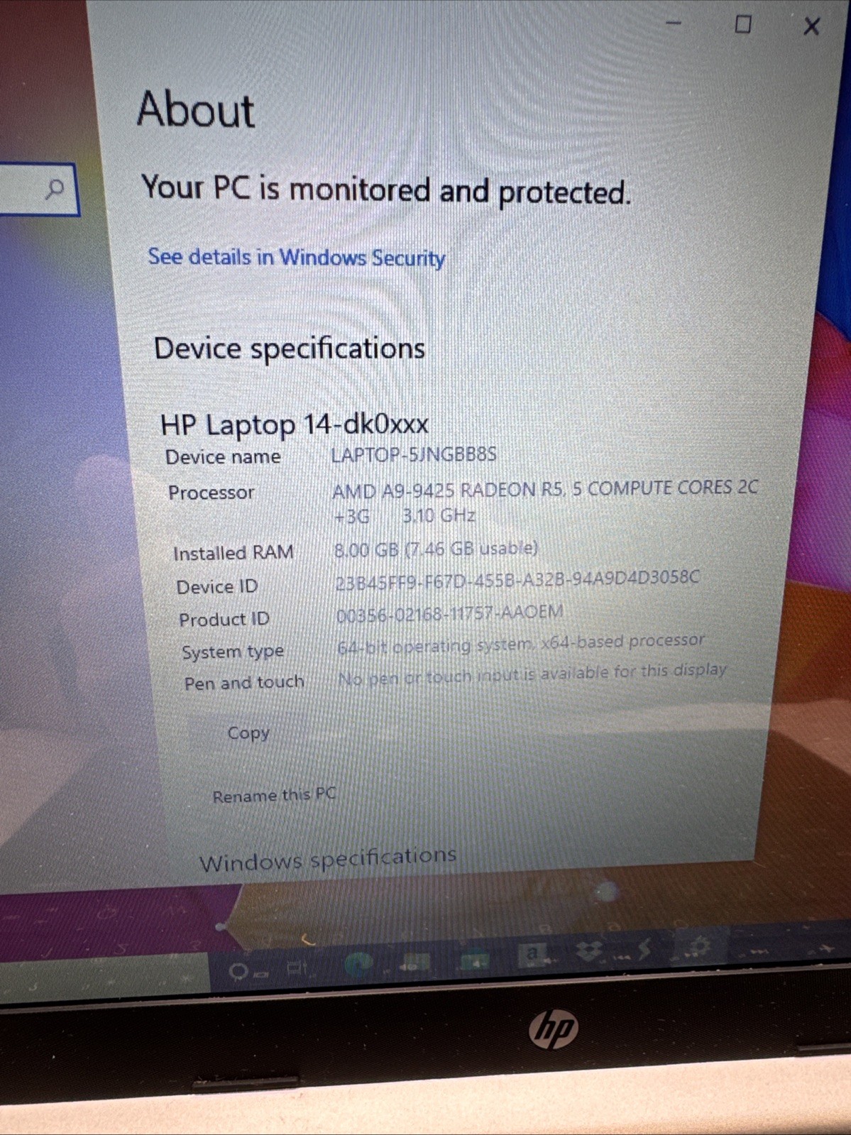 HP 14-dk0xxx Laptop AMD A9-9425 3.1GHz 8GB RAM Windows 14” No Charger