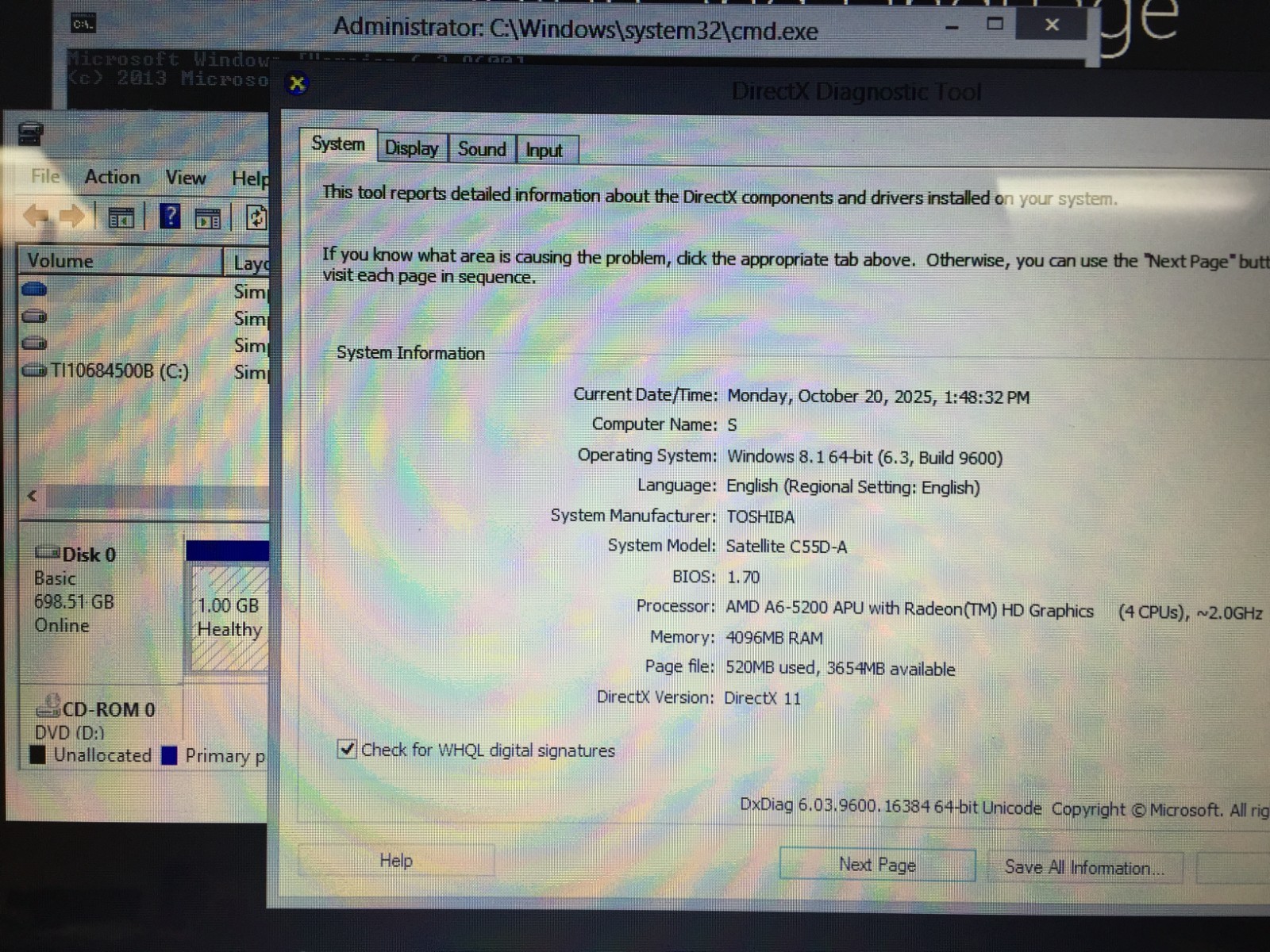 *Bad Batt*Toshiba Satellite C55D-A5107 15.6 Laptop/AMD A6-5200/4GB/750G HDD/W8.1