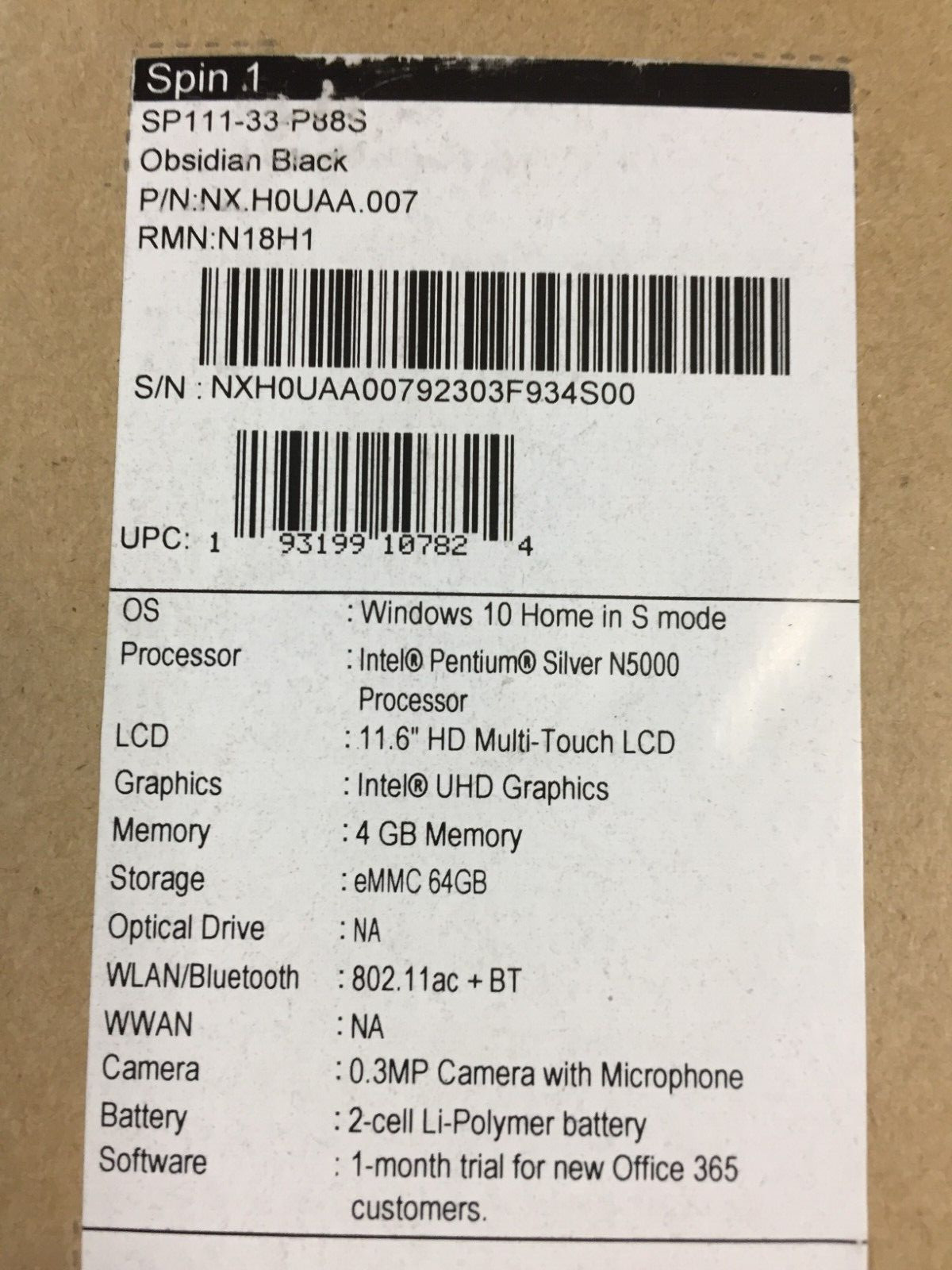 Acer Spin 1 SP111-33-P88S 11.6″ Touch Notebook/Intel N5000/4GB RAM/64GB eMMC/W10