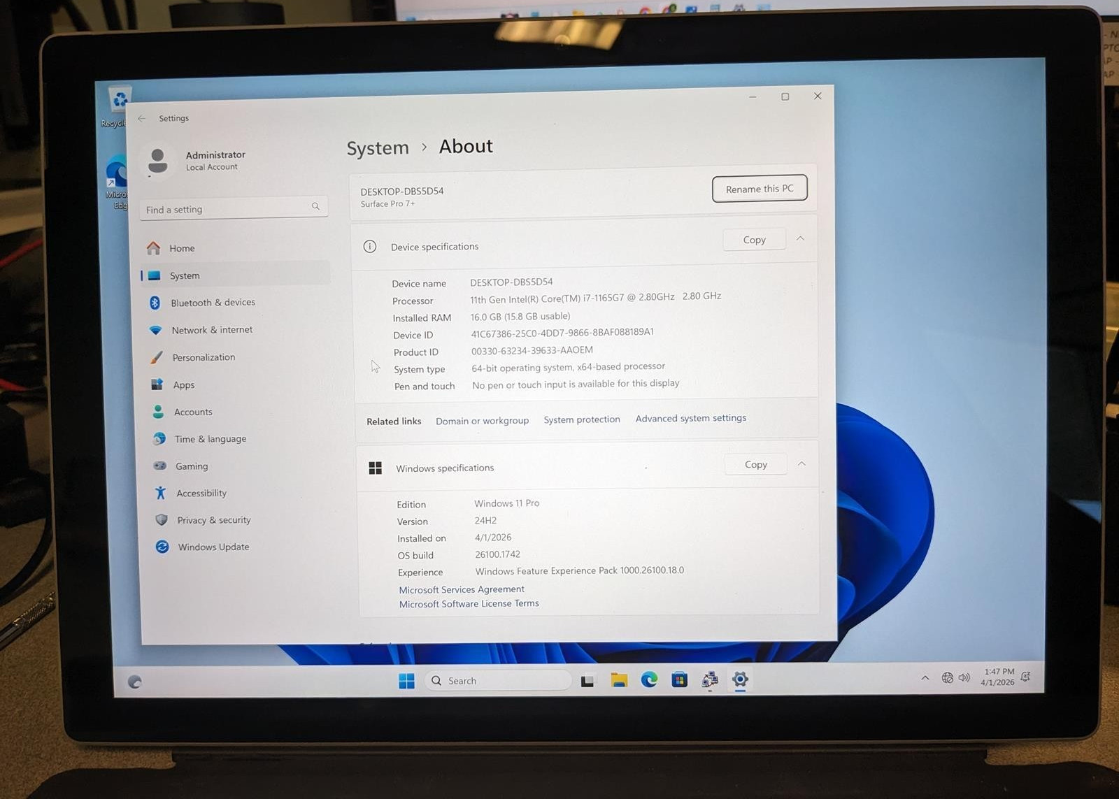 MICROSOFT SURFACE PRO 7+ (1960) i7-1165G7 @ 2.80GHz, 16GB RAM, NO HDD/OS