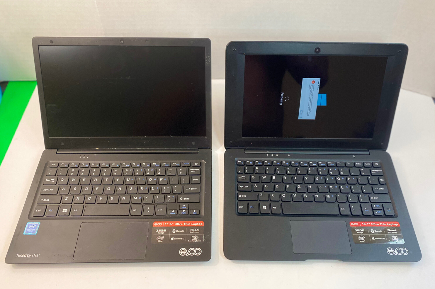 LOT OF 2 EVOO LAPTOPS 11.6” 10.1” 32GB AS IS
