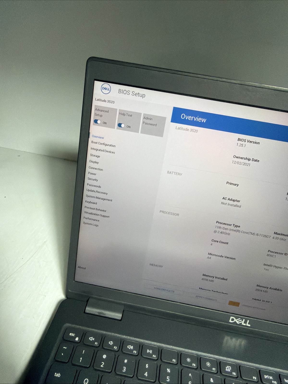 Dell Latitude 3520 15″ Laptop i5-1135G7 4gb Ram No Drives Boots Bios No P/S