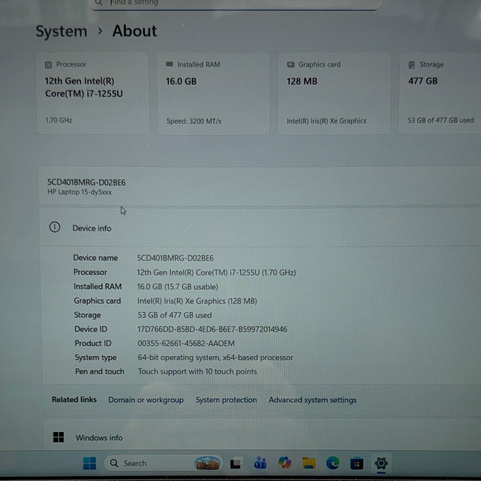 HP Laptop 15-dy5xxx i7-1255U 16GB RAM 512GB NVMe SSD Win 11 Pro Touchscreen