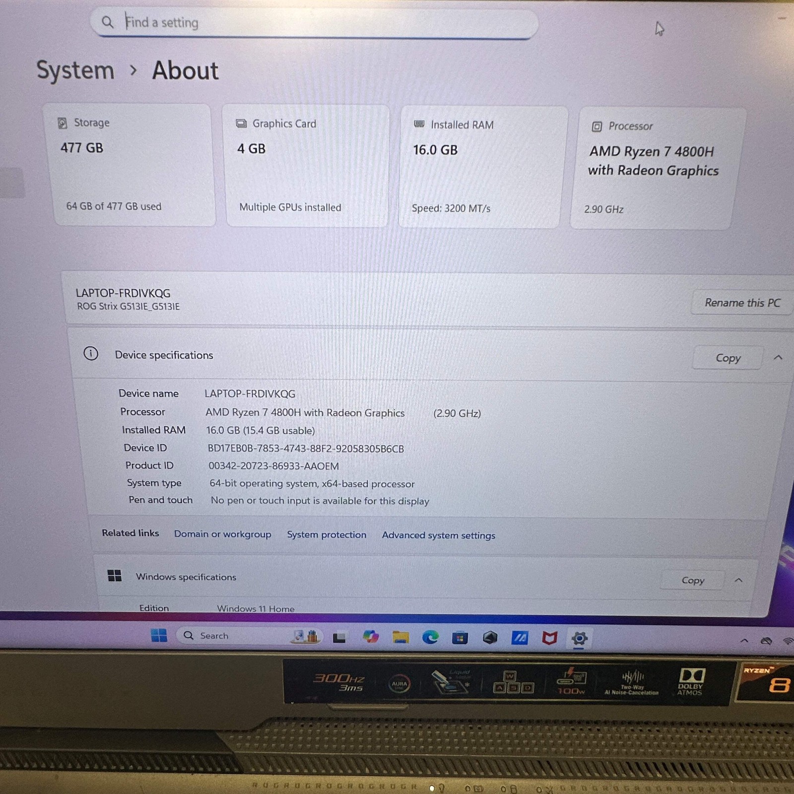 Asus Rog strix G513 Ryzen 7 4800H 2.9GHz 16GB RAM 512GB SSD GeForce RTX 3050 Ti