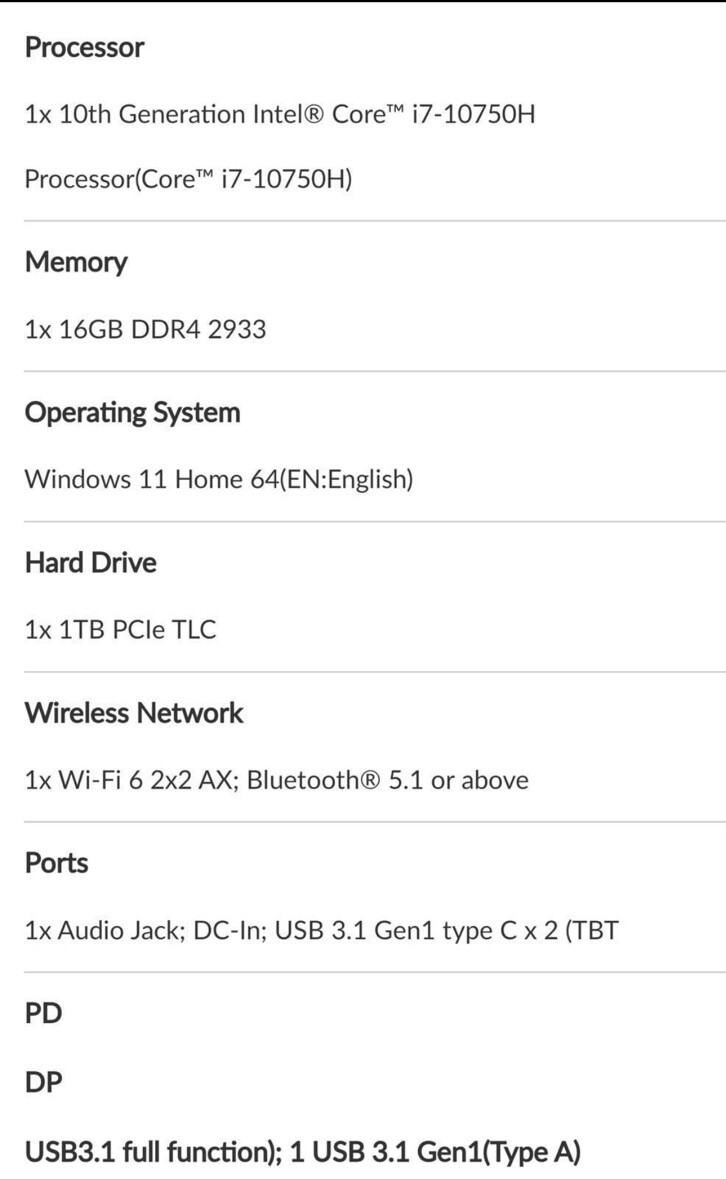 10th Generation Intel® Core™ i7-10750HProcessor(Core™ i7-10750H) 16GB DDR4 2933