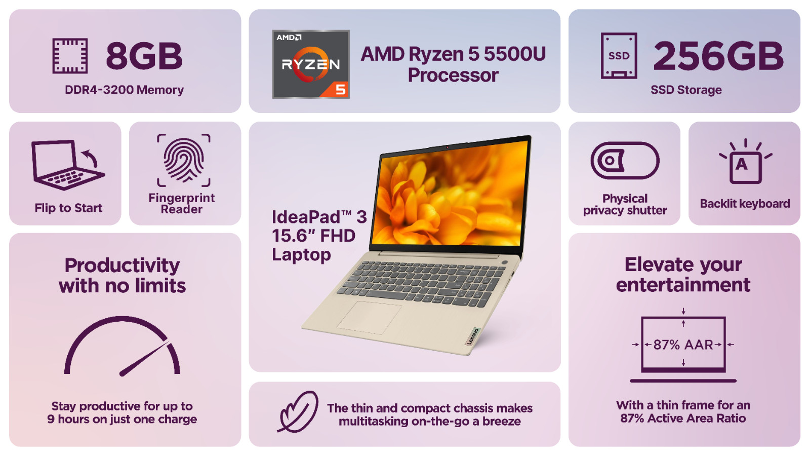 New Lenovo IdeaPad Laptop 15 6-Core Ryzen 5 8GB RAM 256GB SSD Backlit Office Pro
