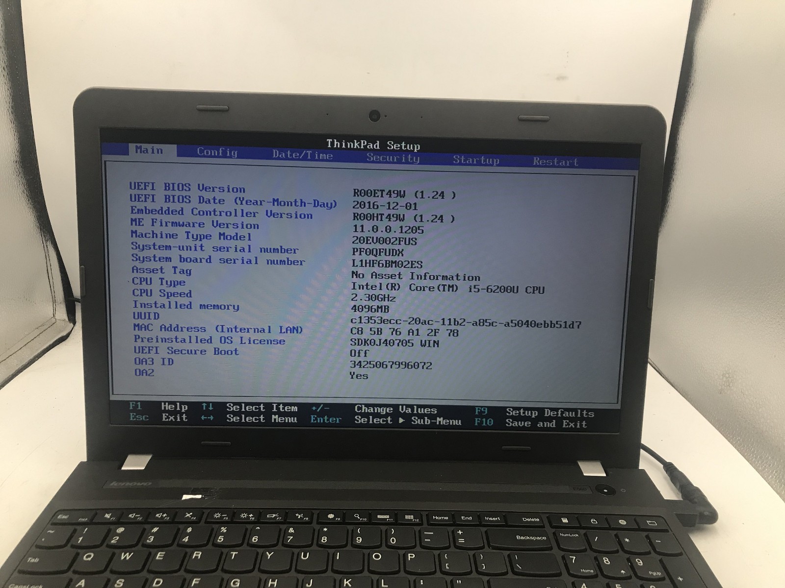 LENOVO THINKPAD E560 – BOOTS TO BIOS – INTEL I5 6200U – NO RAM – READ DESC – BB