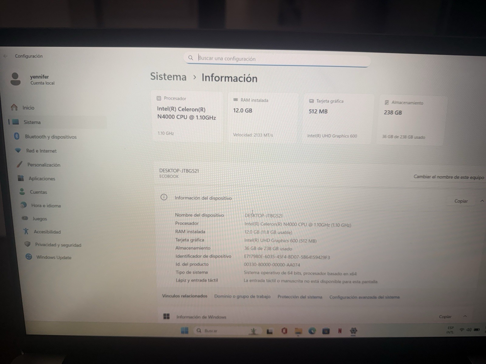 ECOBOOK 15.6″ Laptop Celeron N4000 12GB RAM 238GB SSD Win11 FHD Silver