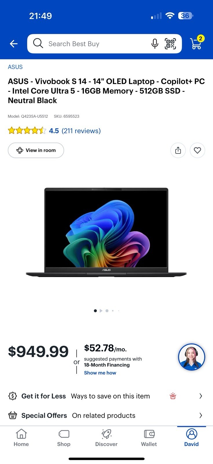 ASUS Vivobook S 14 14″ OLED Laptop Copilot+ PC Intel Core Ultra 5 16GB RAM 512GB