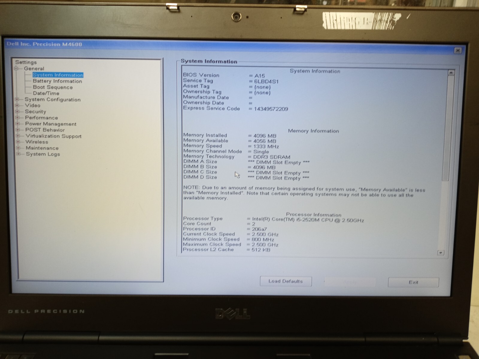 DELL PRECISION M4600 Laptop w/ Intel Core i5-2520M 2.50 GHZ +4 GB No HDD NO OS