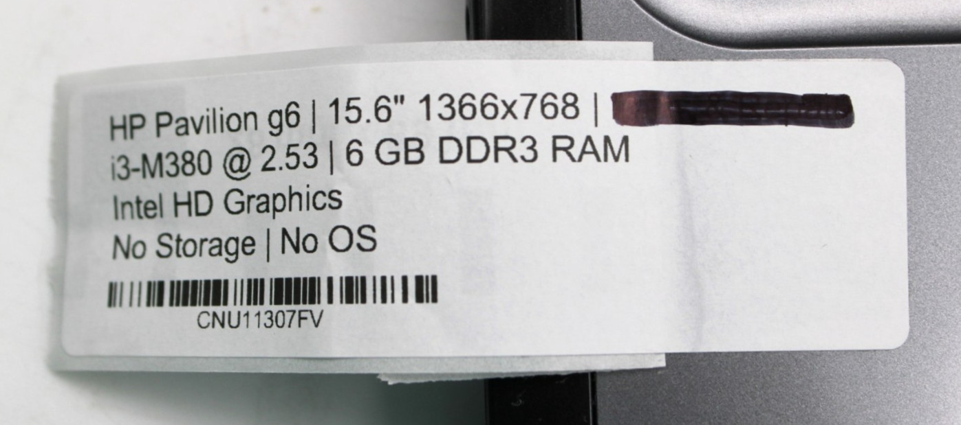HP Pavilion G6 i3-380M@2.53GHz 6GB DDR3 NO STORAGE OR OS *USED/TESTED*