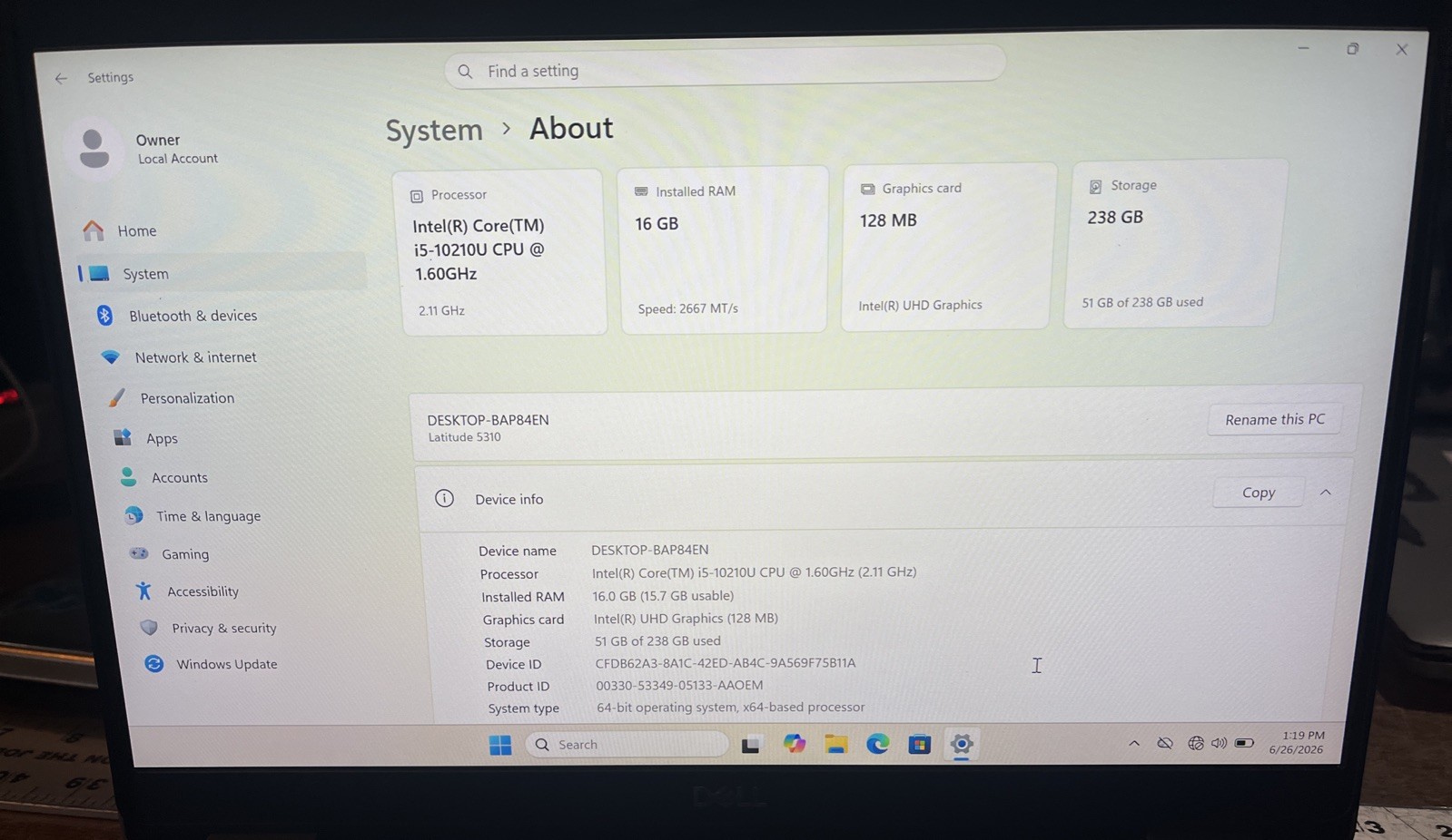 Dell Latitude 5310 i5-10210U@1.60GHz, 16GB RAM, 256GB M2, Win 11 Pro *READ*