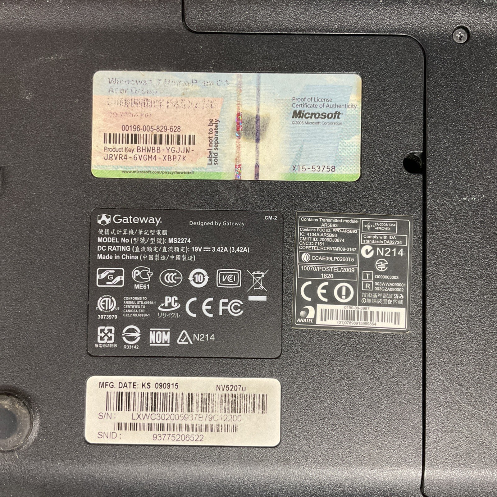 Gateway Model MS2274 Laptop Computer 15″ NV Series NV52 – Untested