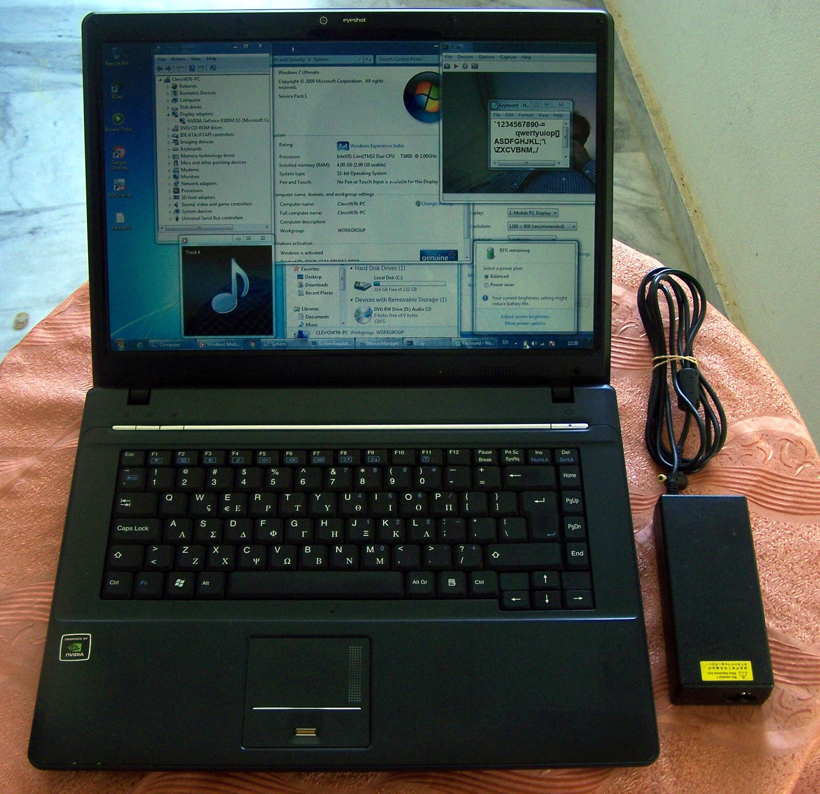 Clevo M761TU, Intel 2 Core T5800 2.00 GHz, 4GB, 250GB, HDMI, nVIDIA GeForce-ΝΟ w