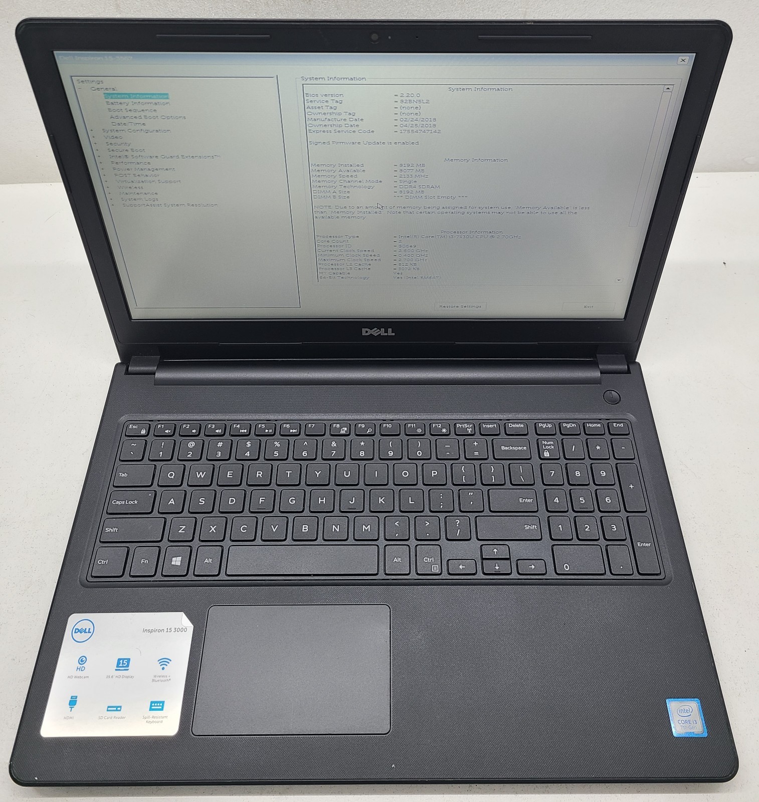 Dell Inspiron 15-3567 15.6″ Laptop Intel i3-7130U 8GB RAM 1TB HDD NO OS (FL)