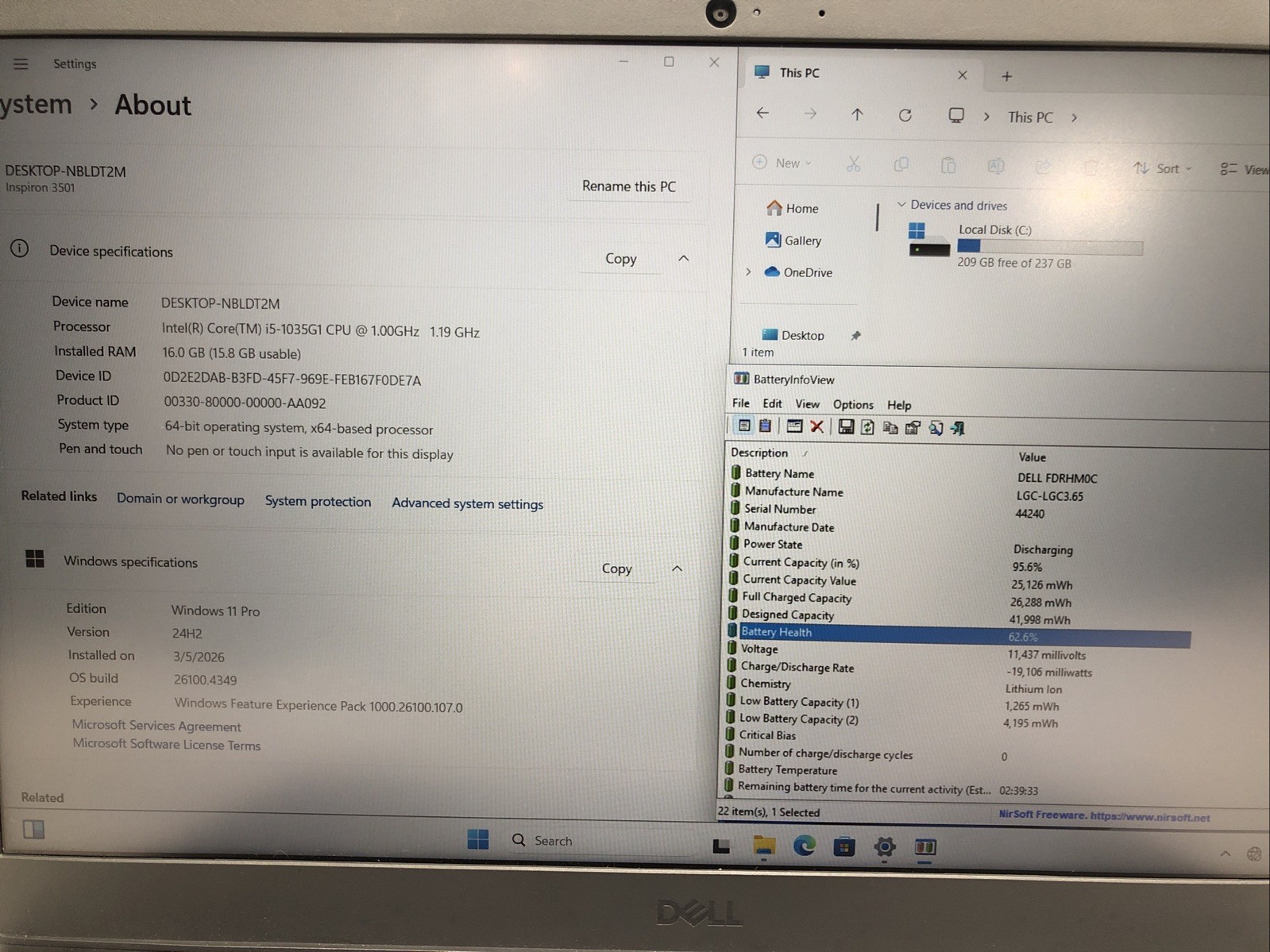 Dell Inspiron 3501, Intel Core i5-1035G1 @1.00Ghz, 16GB RAM, 256GB SSD, W11Pro