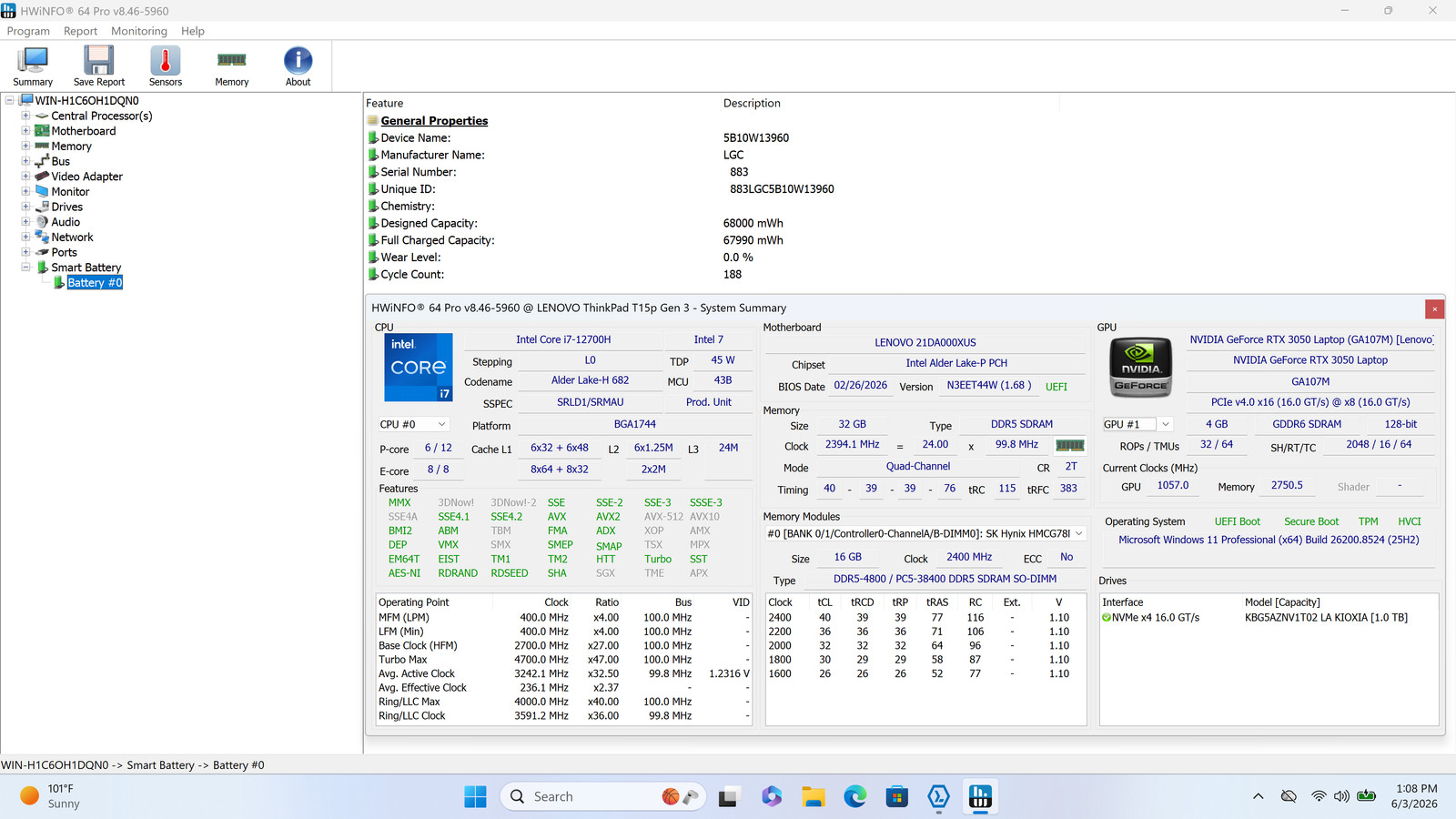 Lenovo ThinkPad T15p Gen 3 15″ 4K I7-12700H 1TB SSD 32GB W11P GeForce RTX 3050