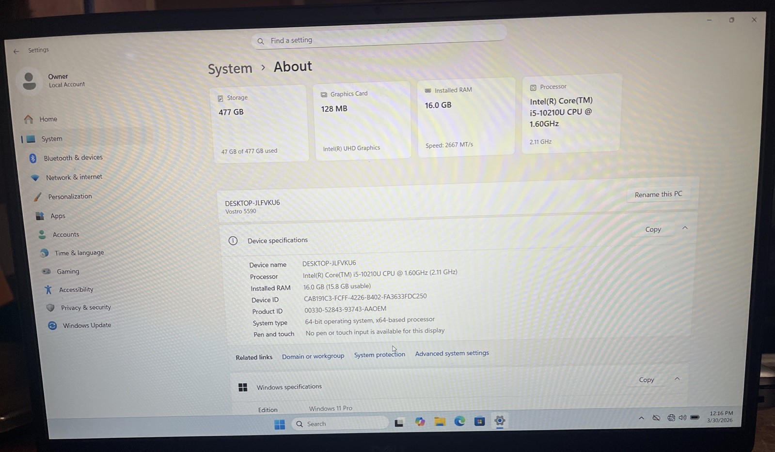 Dell Vostro 5590 15.6″ i5-10210U@1.6GHz, 16GB RAM, 512GB M2, Win 11 Pro *READ