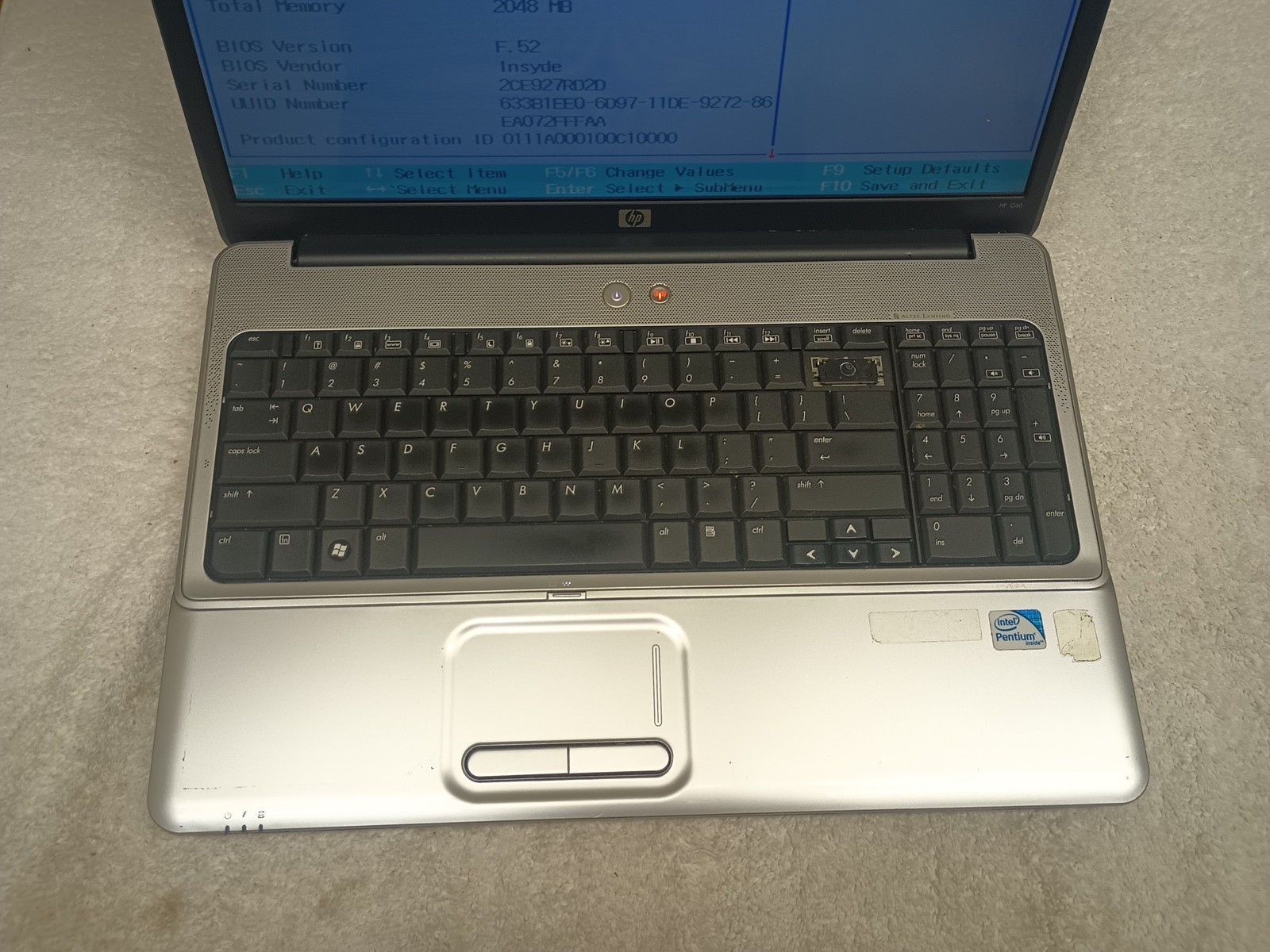 HP G60-441us Laptop Intel Pentium Dual Core T4200 2GB Ram NO HD/OS Boot To Bios