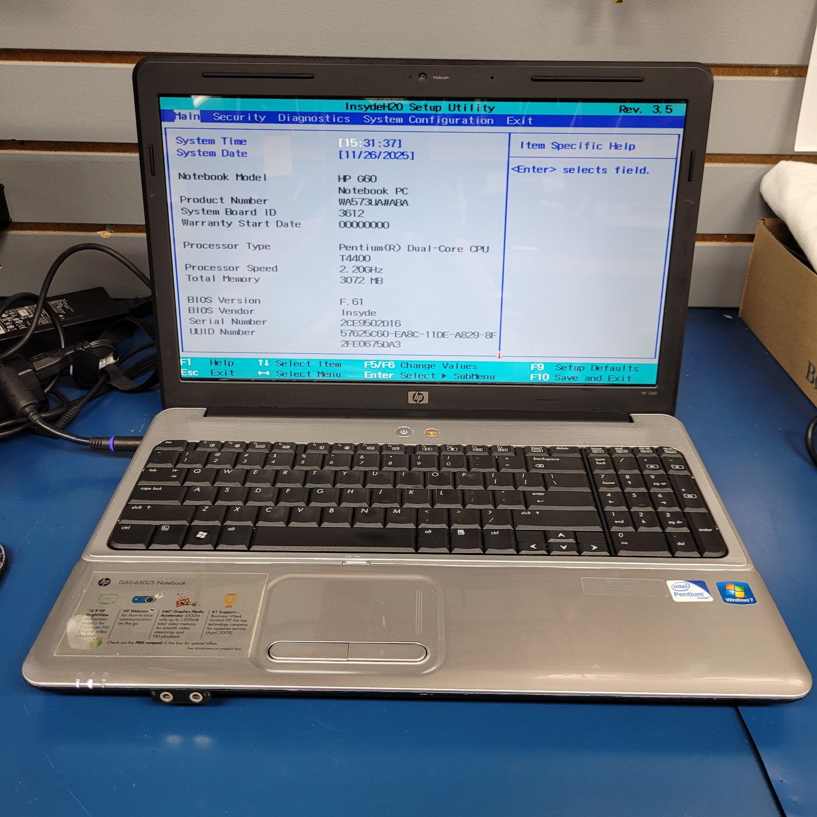 HP Pavilion G60-508us / Intel Pentium T4400 / 3 GB RAM / NO HDD