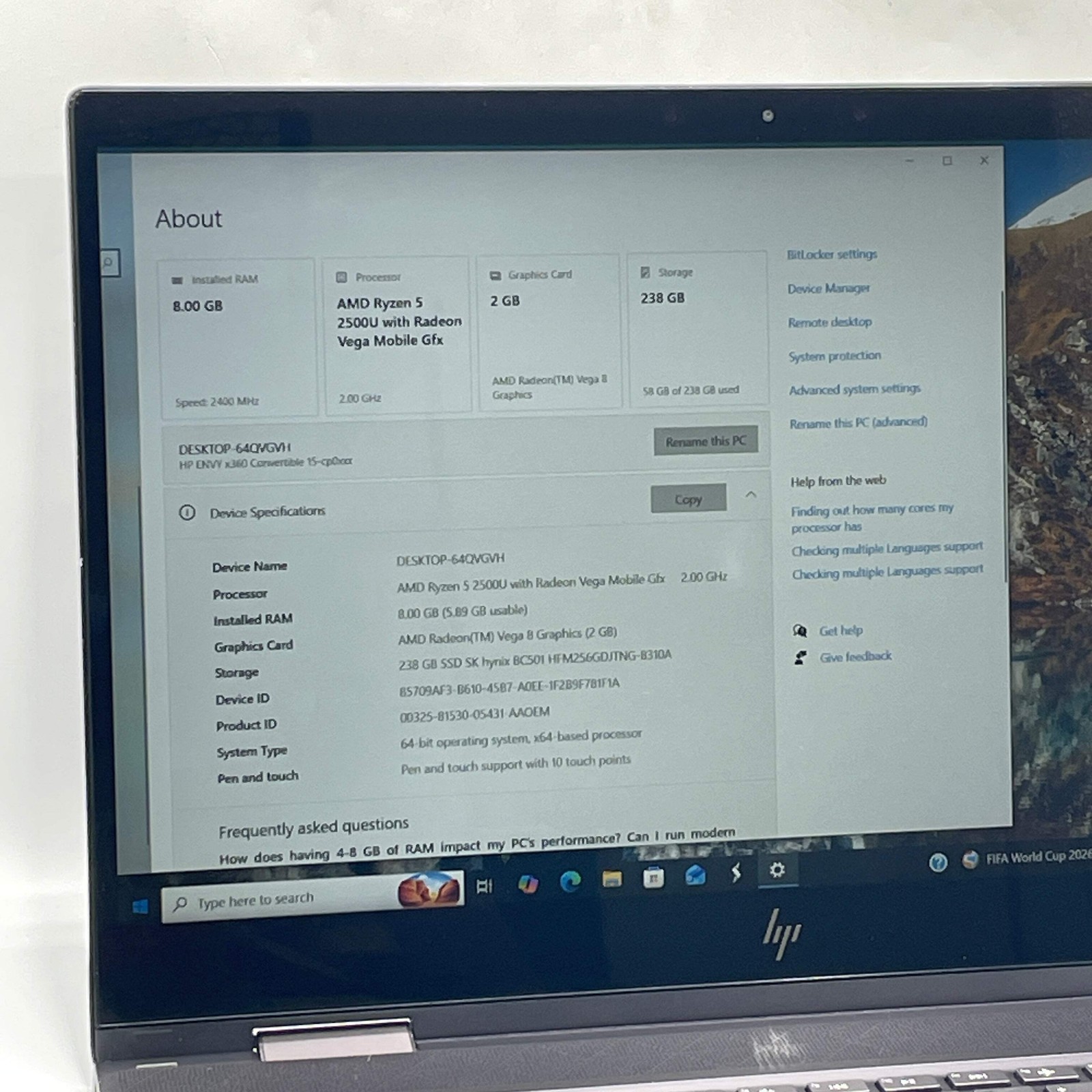 HP Envy x360 16-CP0053CL 15.6″ Ryzen 5 2500U 2.0GHz 8GB RAM 256GB SSD /Read
