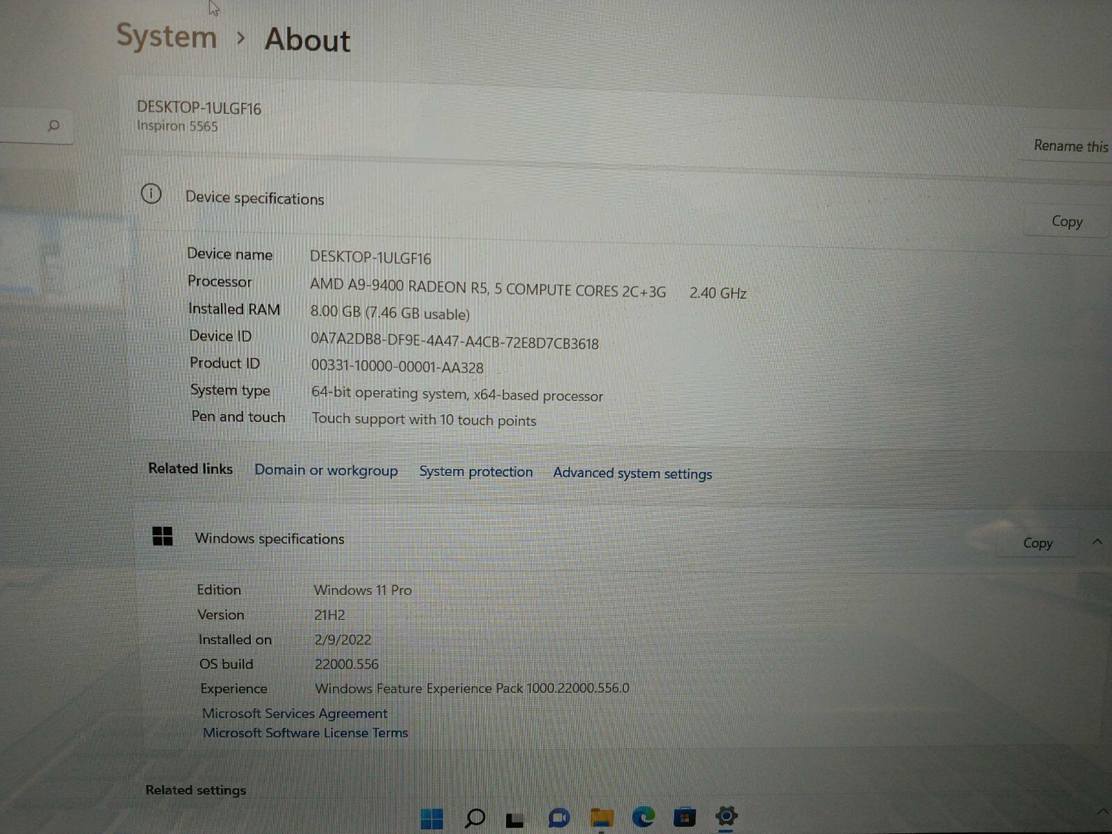 Dell inspiron 5565 15.6″AMD A9-9400 2400mhz 8gb ram 240gb SSD Charger* GFFPYL2