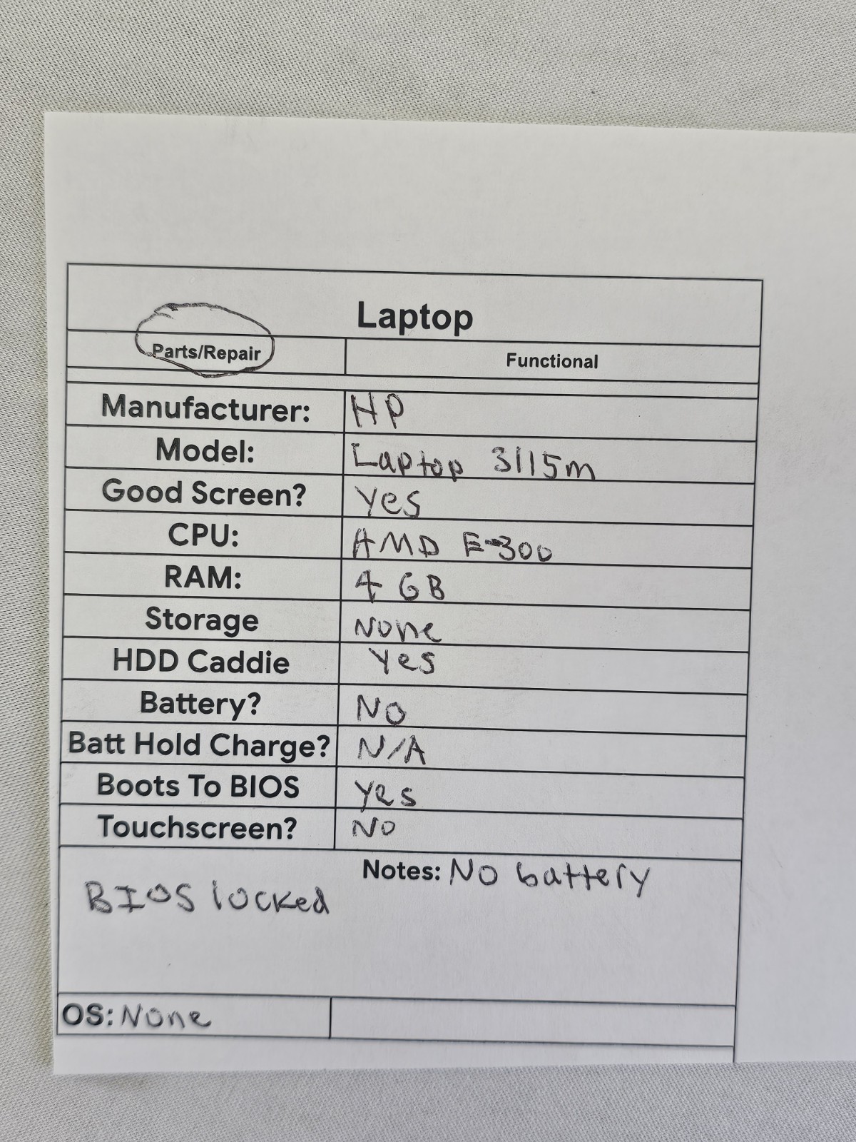 HP 3115m Laptop – AMD E-300 – 4GB RAM – NO BATT – BIOS LOCKED – NO HDD/OS Parts