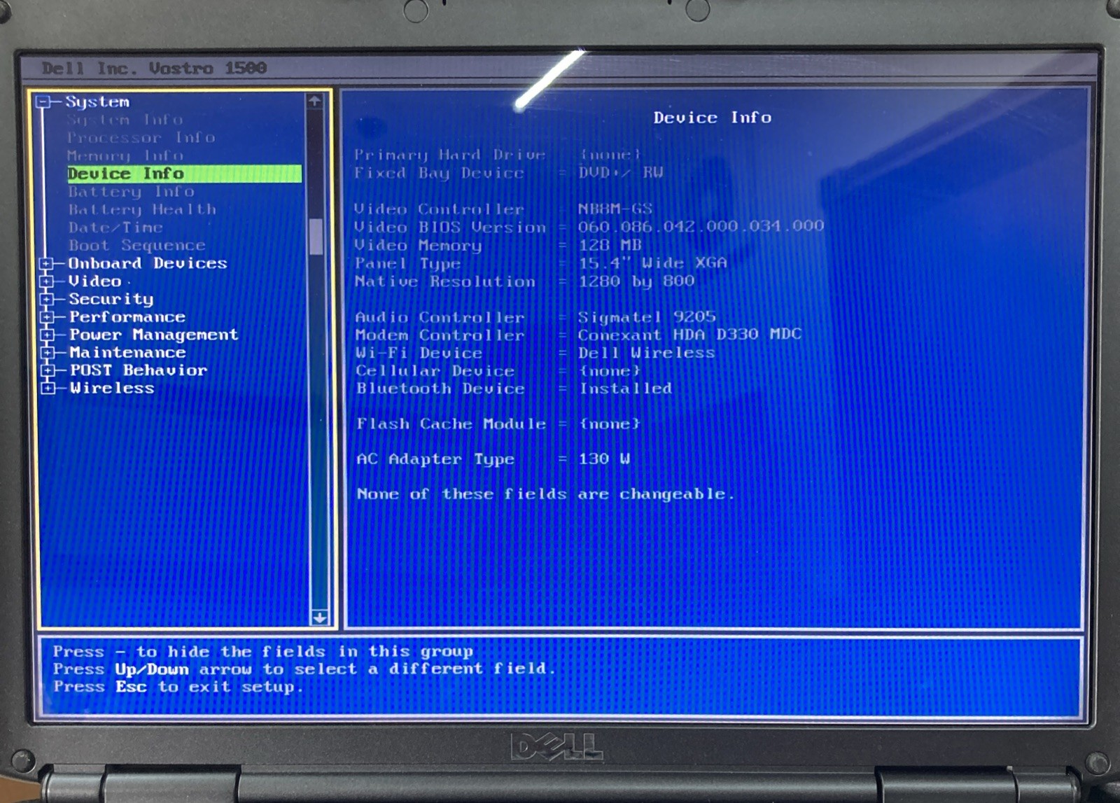 Dell Vostro 1500 Intel Core 2 Duo 1.40 GHz 2 GB no HDD Boot to BIOS