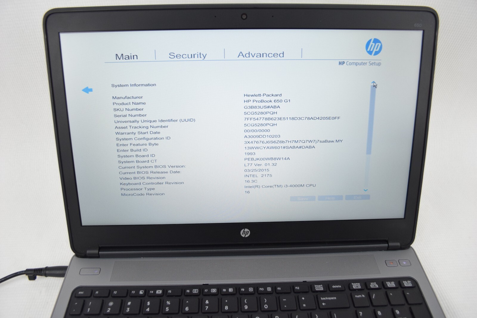 HP ProBook 650 G1 Intel Core i3-4000M 2.4GHz 4 GB 15.5″ NO HDD or OS