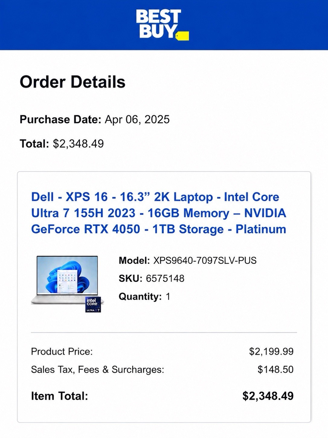 Dell XPS 16 9640 RTX 4050 Core Ultra 7 155H 16GB 1TB SSD 16.3″ 2K Win11