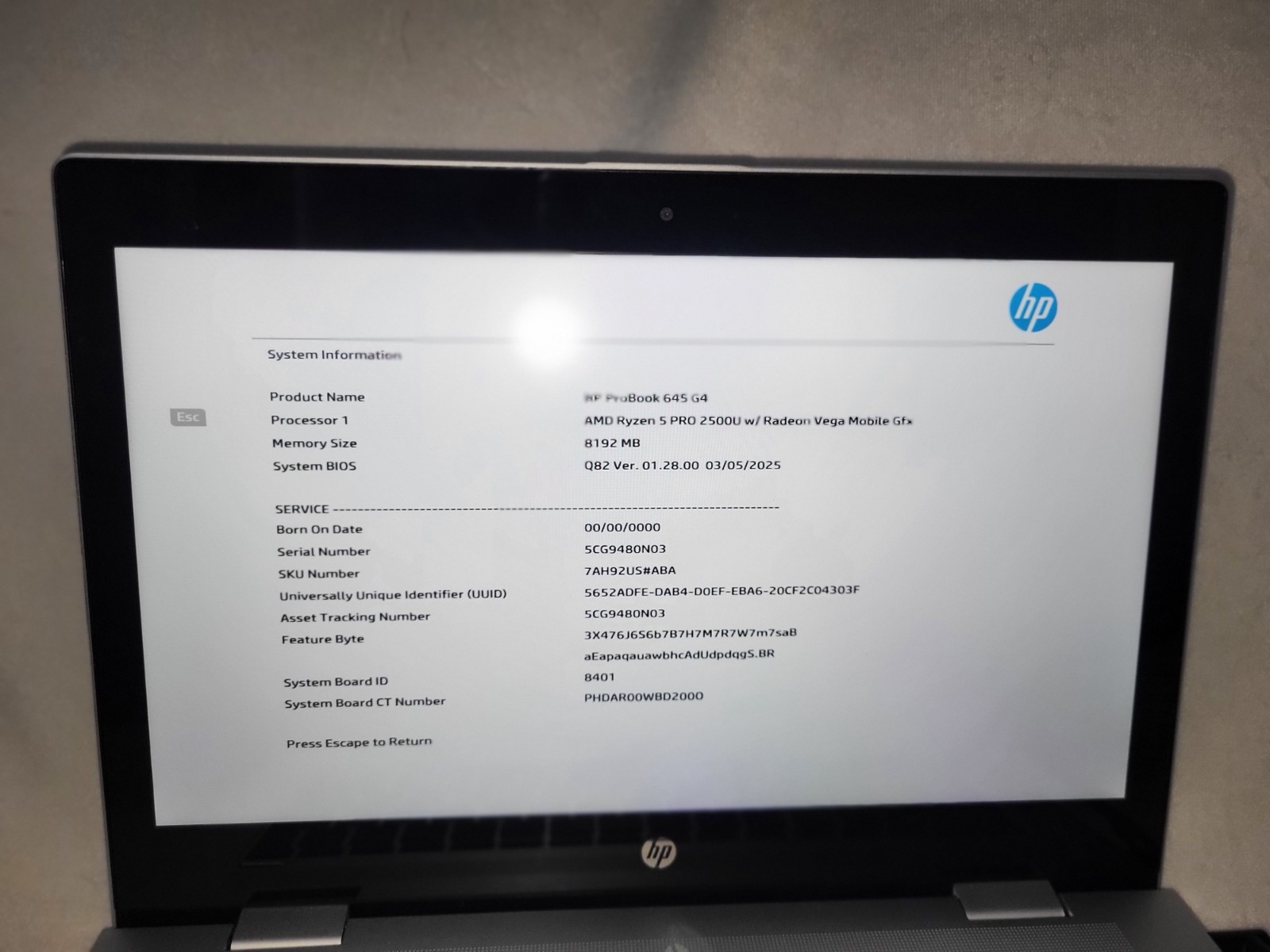 HP ProBook 645 G4 Ryzen 5 Pro 2500u 2.0GHz 8GB RAM256 SSD Touch Screen -No OS
